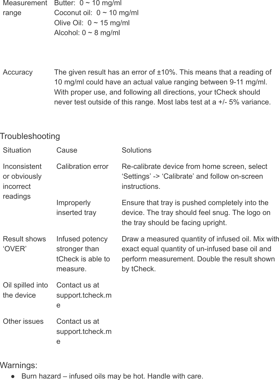 Measurement range Butter:  0 ~ 10 mg/ml Coconut oil:  0 ~ 10 mg/ml Olive Oil:  0 ~ 15 mg/ml Alcohol: 0 ~ 8 mg/ml Accuracy The given result has an error of ±10%. This means that a reading of 10 mg/ml could have an actual value ranging between 9-11 mg/ml. With proper use, and following all directions, your tCheck should never test outside of this range. Most labs test at a +/- 5% variance.     Troubleshooting Situation   Cause Solutions Inconsistent or obviously incorrect readings Calibration error Re-calibrate device from home screen, select ‘Settings’ -&gt; ‘Calibrate’ and follow on-screen instructions. Improperly inserted tray Ensure that tray is pushed completely into the device. The tray should feel snug. The logo on the tray should be facing upright. Result shows ‘OVER’ Infused potency stronger than tCheck is able to measure. Draw a measured quantity of infused oil. Mix with exact equal quantity of un-infused base oil and perform measurement. Double the result shown by tCheck. Oil spilled into the device Contact us at support.tcheck.me  Other issues Contact us at support.tcheck.me    Warnings: ● Burn hazard – infused oils may be hot. Handle with care. 