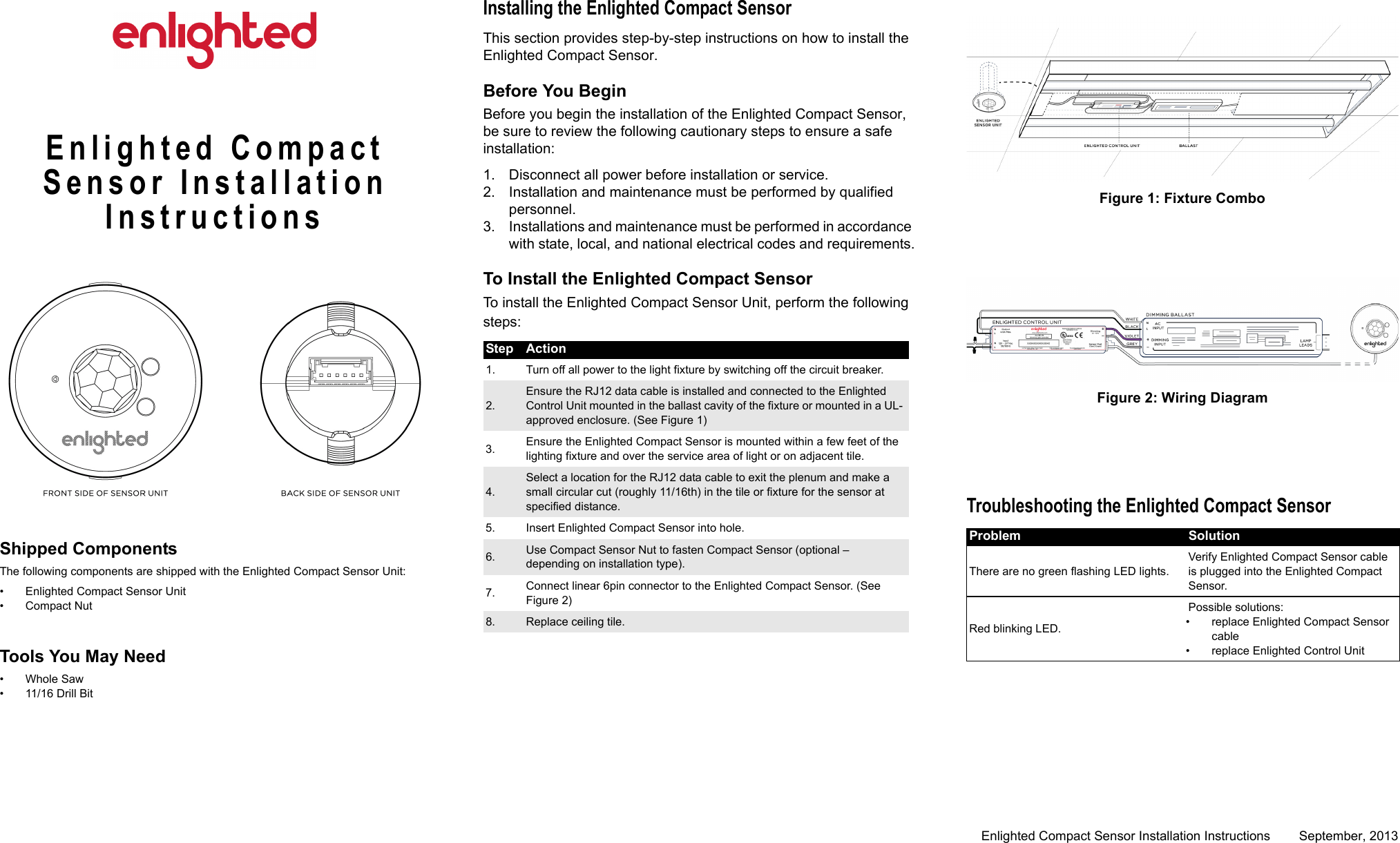 Enlighted Compact Sensor Installation Instructions  September, 2013Enlighted Compact Sensor Installation InstructionsShipped ComponentsThe following components are shipped with the Enlighted Compact Sensor Unit:• Enlighted Compact Sensor Unit•Compact NutTools You May Need• Whole Saw• 11/16 Drill BitInstalling the Enlighted Compact SensorThis section provides step-by-step instructions on how to install the Enlighted Compact Sensor.Before You BeginBefore you begin the installation of the Enlighted Compact Sensor, be sure to review the following cautionary steps to ensure a safe installation:1. Disconnect all power before installation or service.2. Installation and maintenance must be performed by qualified personnel.3. Installations and maintenance must be performed in accordance with state, local, and national electrical codes and requirements.To Install the Enlighted Compact SensorTo install the Enlighted Compact Sensor Unit, perform the following steps: Figure 1: Fixture Combo Figure 2: Wiring DiagramTroubleshooting the Enlighted Compact SensorStep Action1.  Turn off all power to the light fixture by switching off the circuit breaker.2. Ensure the RJ12 data cable is installed and connected to the Enlighted Control Unit mounted in the ballast cavity of the fixture or mounted in a UL-approved enclosure. (See Figure 1)3. Ensure the Enlighted Compact Sensor is mounted within a few feet of the lighting fixture and over the service area of light or on adjacent tile.4.Select a location for the RJ12 data cable to exit the plenum and make a small circular cut (roughly 11/16th) in the tile or fixture for the sensor at specified distance. 5. Insert Enlighted Compact Sensor into hole.6. Use Compact Sensor Nut to fasten Compact Sensor (optional – depending on installation type).7. Connect linear 6pin connector to the Enlighted Compact Sensor. (See Figure 2)8. Replace ceiling tile.Problem SolutionThere are no green flashing LED lights.Verify Enlighted Compact Sensor cable is plugged into the Enlighted Compact Sensor.Red blinking LED.Possible solutions: • replace Enlighted Compact Sensor cable• replace Enlighted Control Unit