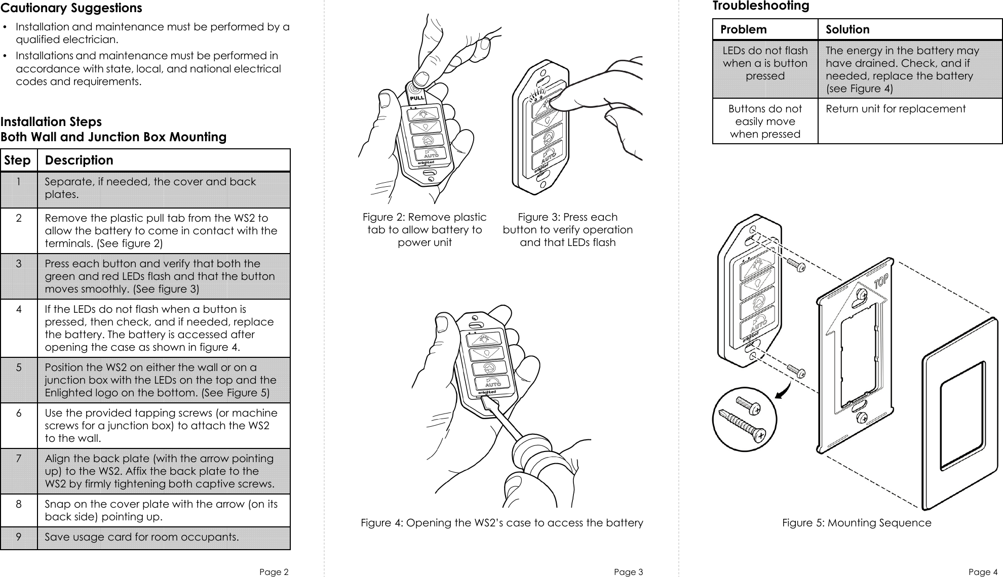 TroubleshootingPage 2 Page 3 Page 4Cautionary Suggestions•Installation and maintenance must be performed by aqualified electrician.•Installations and maintenance must be performed inaccordance with state, local, and national electricalcodes and requirements.Figure 5: Mounting SequenceProblem SolutionLEDs do not flashwhen a is buttonpressedThe energy in the battery mayhave drained. Check, and ifneeded, replace the battery(see Figure 4)Buttons do noteasily movewhen pressedReturn unit for replacementFigure 4: Opening the WS2’s case to access the batteryStepDescription1 Separate, if needed, the cover and backplates.2 Remove the plastic pull tab from the WS2 toallow the battery to come in contact with theterminals. (See figure 2)3 Press each button and verify that both thegreen and red LEDs flash and that the buttonmoves smoothly. (See figure 3)4 If the LEDs do not flash when a button ispressed, then check, and if needed, replacethe battery. The battery is accessed afteropening the case as shown in figure 4.5 Position the WS2 on either the wall or on ajunction box with the LEDs on the top and theEnlighted logo on the bottom. (See Figure 5)6 Use the provided tapping screws (or machinescrews for a junction box) to attach the WS2to the wall.7 Align the back plate (with the arrow pointingup) to the WS2. Affix the back plate to theWS2 by firmly tightening both captive screws.8 Snap on the cover plate with the arrow (on itsback side) pointing up.9 Save usage card for room occupants.Installation StepsBoth Wall and Junction Box MountingFigure 2: Remove plastictab to allow battery topower unitFigure 3: Press eachbutton to verify operationand that LEDs flash