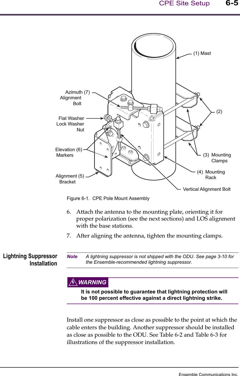 Ensemble Communications Inc.CPE Site Setup6-5Figure 6-1.  CPE Pole Mount Assembly6. Attach the antenna to the mounting plate, orienting it for proper polarization (see the next sections) and LOS alignment with the base stations.7. After aligning the antenna, tighten the mounting clamps.Lightning SuppressorInstallationNote A lightning suppressor is not shipped with the ODU. See page 3-10 for the Ensemble-recommended lightning suppressor.WARNINGIt is not possible to guarantee that lightning protection will be 100 percent effective against a direct lightning strike.Install one suppressor as close as possible to the point at which the cable enters the building. Another suppressor should be installed as close as possible to the ODU. See Table 6-2 and Table 6-3 for illustrations of the suppressor installation.Elevation (6)MarkersAlignment (5)BracketAzimuth (7)AlignmentBoltVertical Alignment Bolt(2)(1) MastFlat WasherLock WasherNut(3) MountingClamps(4) MountingRack