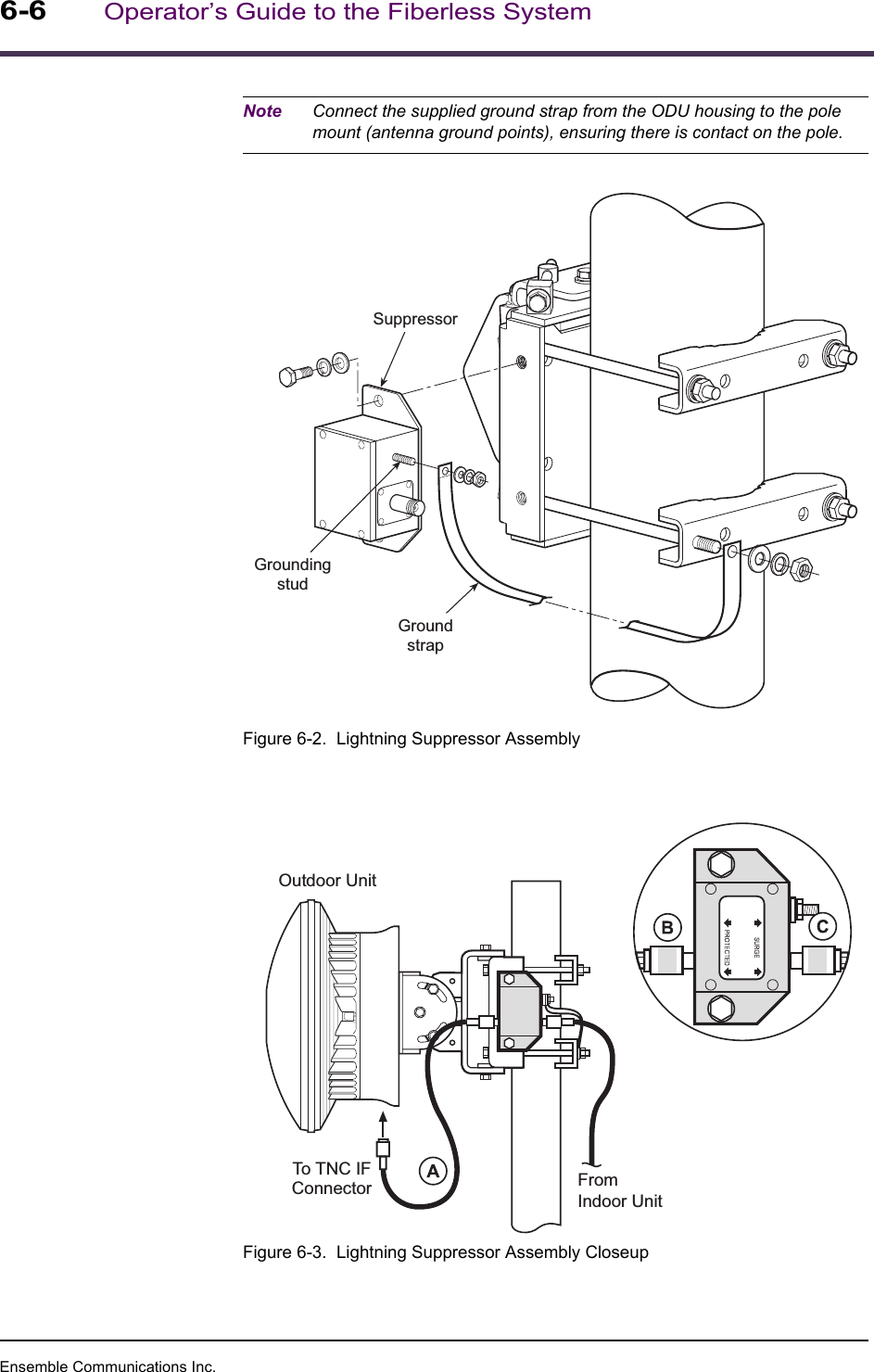 Ensemble Communications Inc.6-6Operator’s Guide to the Fiberless SystemNote Connect the supplied ground strap from the ODU housing to the pole mount (antenna ground points), ensuring there is contact on the pole.Figure 6-2.  Lightning Suppressor AssemblyFigure 6-3.  Lightning Suppressor Assembly CloseupGroundingstudGroundstrapSuppressorFromIndoor UnitOutdoor UnitTo TNC IFConnector