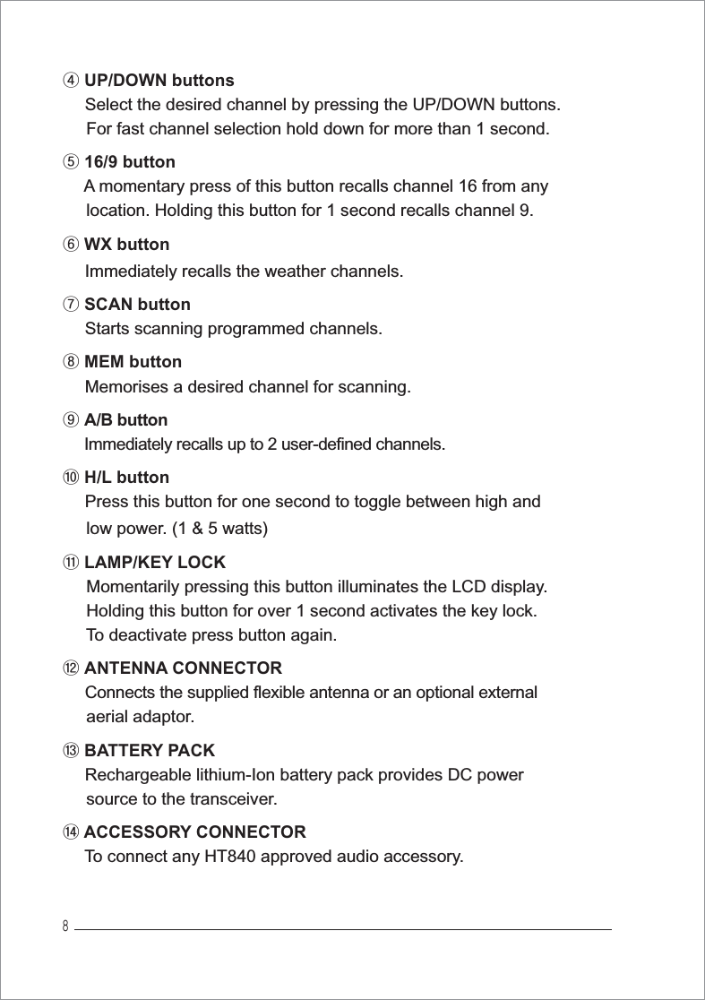 _ྜUP/DOWN buttons  Select the desired channel by pressing the UP/DOWN buttons.      For fast channel selection hold down for more than 1 second.ྜྷ16/9 buttonA momentary press of this button recalls channel 16 from any      location. Holding this button for 1 second recalls channel 9. ྞWX button  Immediately recalls the weather channels.ྟSCAN button  Starts scanning programmed channels.ྠMEM button  Memorises a desired channel for scanning.ྡA/B button      Immediately recalls up to 2 user-defined channels.ྡྷH/L button  Press this button for one second to toggle between high and      low power. (1 &amp; 5 watts)ྣLAMP/KEY LOCK     Momentarily pressing this button illuminates the LCD display.     Holding this button for over 1 second activates the key lock. To deactivate press button again.ྤANTENNA CONNECTORConnects the supplied flexible antenna or an optional external      aerial adaptor.ྥBATTERY PACK  Rechargeable lithium-Ion battery pack provides DC power      source to the transceiver.ྦACCESSORY CONNECTORTo connect any HT840 approved audio accessory.