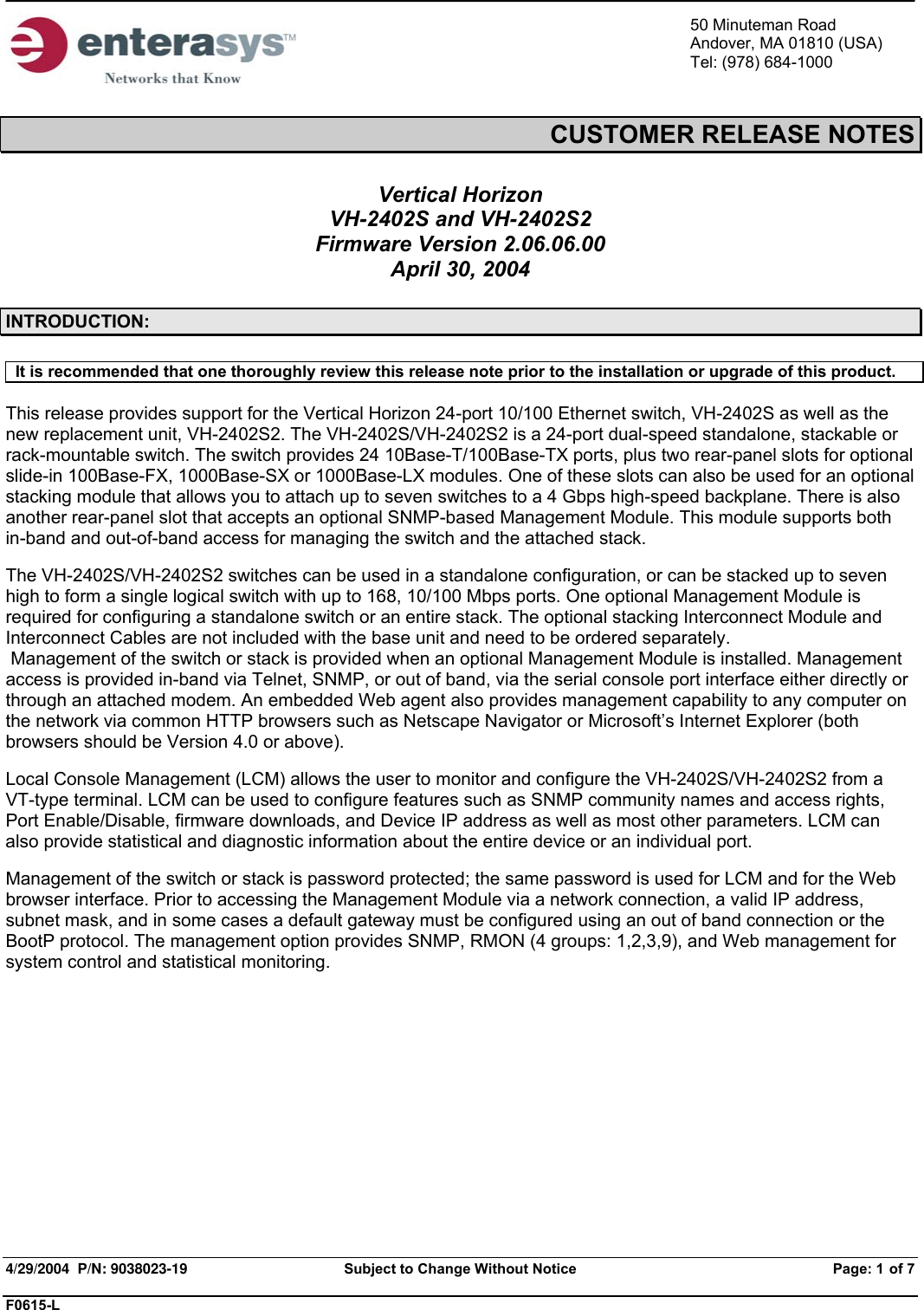 Page 1 of 7 - Enterasys-Networks Enterasys-Networks-Enterasys-Vertical-Horizon-Vh-2402S2-Users-Manual- Release Notes  Enterasys-networks-enterasys-vertical-horizon-vh-2402s2-users-manual