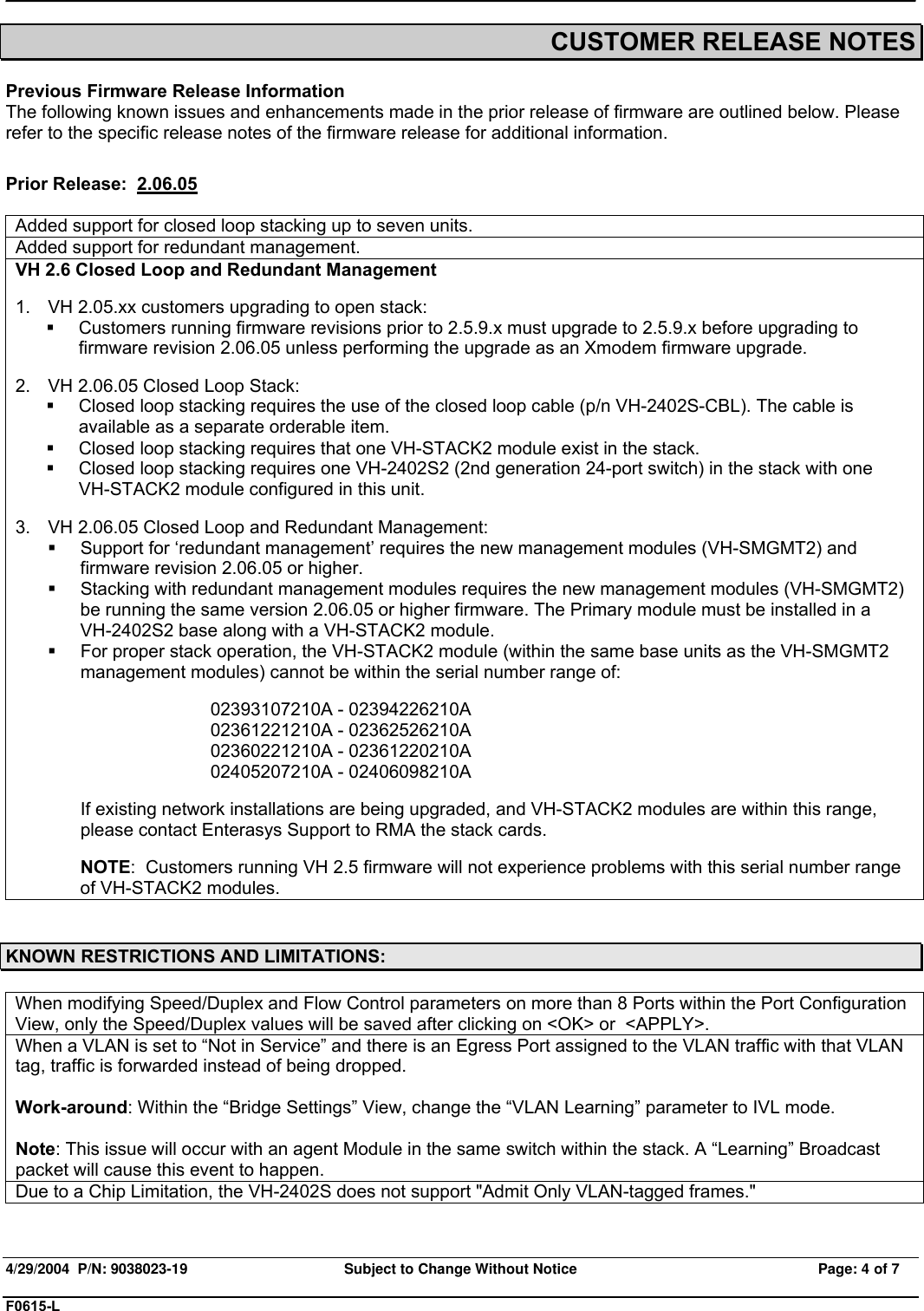 Page 4 of 7 - Enterasys-Networks Enterasys-Networks-Enterasys-Vertical-Horizon-Vh-2402S2-Users-Manual- Release Notes  Enterasys-networks-enterasys-vertical-horizon-vh-2402s2-users-manual