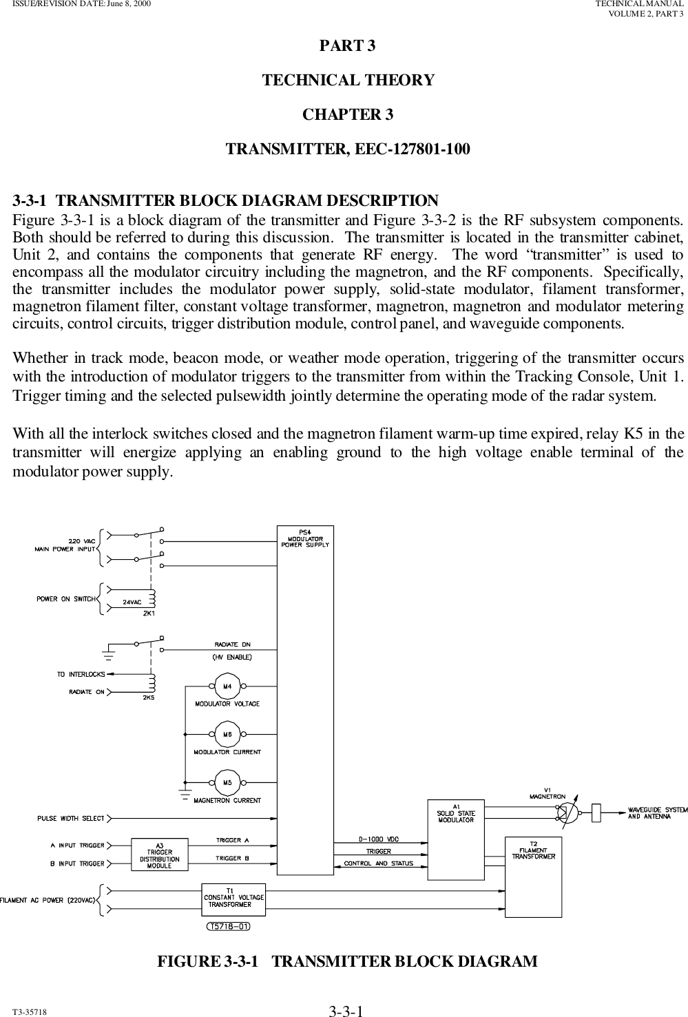 ISSUE/REVISION DATE: June 8, 2000 TECHNICAL MANUALVOLUME 2, PART 3T3-35718 3-3-1PART 3TECHNICAL THEORYCHAPTER 3TRANSMITTER, EEC-127801-1003-3-1  TRANSMITTER BLOCK DIAGRAM DESCRIPTIONFigure 3-3-1 is a block diagram of the transmitter and Figure 3-3-2 is the RF subsystem components.Both should be referred to during this discussion.  The transmitter is located in the transmitter cabinet,Unit 2, and contains the components that generate RF energy.  The word “transmitter” is used toencompass all the modulator circuitry including the magnetron, and the RF components.  Specifically,the transmitter includes the modulator power supply, solid-state modulator, filament transformer,magnetron filament filter, constant voltage transformer, magnetron, magnetron and modulator meteringcircuits, control circuits, trigger distribution module, control panel, and waveguide components.Whether in track mode, beacon mode, or weather mode operation, triggering of the transmitter occurswith the introduction of modulator triggers to the transmitter from within the Tracking Console, Unit 1.Trigger timing and the selected pulsewidth jointly determine the operating mode of the radar system.With all the interlock switches closed and the magnetron filament warm-up time expired, relay K5 in thetransmitter will energize applying an enabling ground to the high voltage enable terminal of themodulator power supply.FIGURE 3-3-1   TRANSMITTER BLOCK DIAGRAM