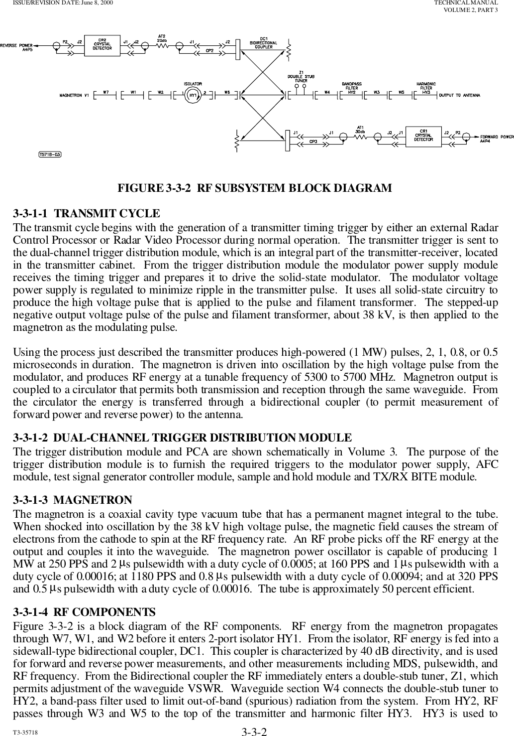 ISSUE/REVISION DATE: June 8, 2000 TECHNICAL MANUALVOLUME 2, PART 3T3-35718 3-3-2FIGURE 3-3-2  RF SUBSYSTEM BLOCK DIAGRAM3-3-1-1  TRANSMIT CYCLEThe transmit cycle begins with the generation of a transmitter timing trigger by either an external RadarControl Processor or Radar Video Processor during normal operation.  The transmitter trigger is sent tothe dual-channel trigger distribution module, which is an integral part of the transmitter-receiver, locatedin the transmitter cabinet.  From the trigger distribution module the modulator power supply modulereceives the timing trigger and prepares it to drive the solid-state modulator.  The modulator voltagepower supply is regulated to minimize ripple in the transmitter pulse.  It uses all solid-state circuitry toproduce the high voltage pulse that is applied to the pulse and filament transformer.  The stepped-upnegative output voltage pulse of the pulse and filament transformer, about 38 kV, is then applied to themagnetron as the modulating pulse.Using the process just described the transmitter produces high-powered (1 MW) pulses, 2, 1, 0.8, or 0.5microseconds in duration.  The magnetron is driven into oscillation by the high voltage pulse from themodulator, and produces RF energy at a tunable frequency of 5300 to 5700 MHz.  Magnetron output iscoupled to a circulator that permits both transmission and reception through the same waveguide.  Fromthe circulator the energy is transferred through a bidirectional coupler (to permit measurement offorward power and reverse power) to the antenna.3-3-1-2  DUAL-CHANNEL TRIGGER DISTRIBUTION MODULEThe trigger distribution module and PCA are shown schematically in Volume 3.  The purpose of thetrigger distribution module is to furnish the required triggers to the modulator power supply, AFCmodule, test signal generator controller module, sample and hold module and TX/RX BITE module.3-3-1-3  MAGNETRONThe magnetron is a coaxial cavity type vacuum tube that has a permanent magnet integral to the tube.When shocked into oscillation by the 38 kV high voltage pulse, the magnetic field causes the stream ofelectrons from the cathode to spin at the RF frequency rate.  An RF probe picks off the RF energy at theoutput and couples it into the waveguide.  The magnetron power oscillator is capable of producing 1MW at 250 PPS and 2 µs pulsewidth with a duty cycle of 0.0005; at 160 PPS and 1 µs pulsewidth with aduty cycle of 0.00016; at 1180 PPS and 0.8 µs pulsewidth with a duty cycle of 0.00094; and at 320 PPSand 0.5 µs pulsewidth with a duty cycle of 0.00016.  The tube is approximately 50 percent efficient.3-3-1-4  RF COMPONENTSFigure 3-3-2 is a block diagram of the RF components.  RF energy from the magnetron propagatesthrough W7, W1, and W2 before it enters 2-port isolator HY1.  From the isolator, RF energy is fed into asidewall-type bidirectional coupler, DC1.  This coupler is characterized by 40 dB directivity, and is usedfor forward and reverse power measurements, and other measurements including MDS, pulsewidth, andRF frequency.  From the Bidirectional coupler the RF immediately enters a double-stub tuner, Z1, whichpermits adjustment of the waveguide VSWR.  Waveguide section W4 connects the double-stub tuner toHY2, a band-pass filter used to limit out-of-band (spurious) radiation from the system.  From HY2, RFpasses through W3 and W5 to the top of the transmitter and harmonic filter HY3.  HY3 is used to