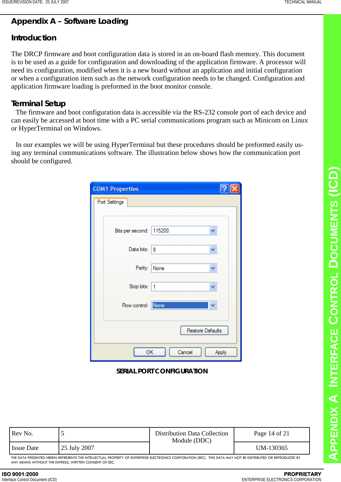 CHAPTER 8  INTERFACE CONTROL DOCUMENTS (ICD) APPENDIX A  INTERFACE CONTROL DOCUMENTS (ICD) ISSUE/REVISION DATE:  25 JULY 2007  TECHNICAL MANUAL ISO 9001:2000    PROPRIETARY Interface Control Document (ICD)   ENTERPRISE ELECTRONICS CORPORATION Rev No.  5  Page 14 of 21 Issue Date  25 July 2007  UM-130365 Distribution Data Collection Module (DDC) THE DATA PRESENTED HEREIN REPRESENTS THE INTELLECTUAL PROPERTY OF ENTERPRISE ELECTRONICS CORPORATION (EEC).  THIS DATA MAY NOT BE DISTRIBUTED OR REPRODUCED BY ANY MEANS WITHOUT THE EXPRESS, WRITTEN CONSENT OF EEC. Appendix A – Software Loading  Introduction  The DRCP firmware and boot configuration data is stored in an on-board flash memory. This document is to be used as a guide for configuration and downloading of the application firmware. A processor will need its configuration, modified when it is a new board without an application and initial configuration or when a configuration item such as the network configuration needs to be changed. Configuration and application firmware loading is preformed in the boot monitor console.  Terminal Setup The firmware and boot configuration data is accessible via the RS-232 console port of each device and can easily be accessed at boot time with a PC serial communications program such as Minicom on Linux or HyperTerminal on Windows.  In our examples we will be using HyperTerminal but these procedures should be preformed easily us-ing any terminal communications software. The illustration below shows how the communication port should be configured.  SERIAL PORT CONFIGURATION 