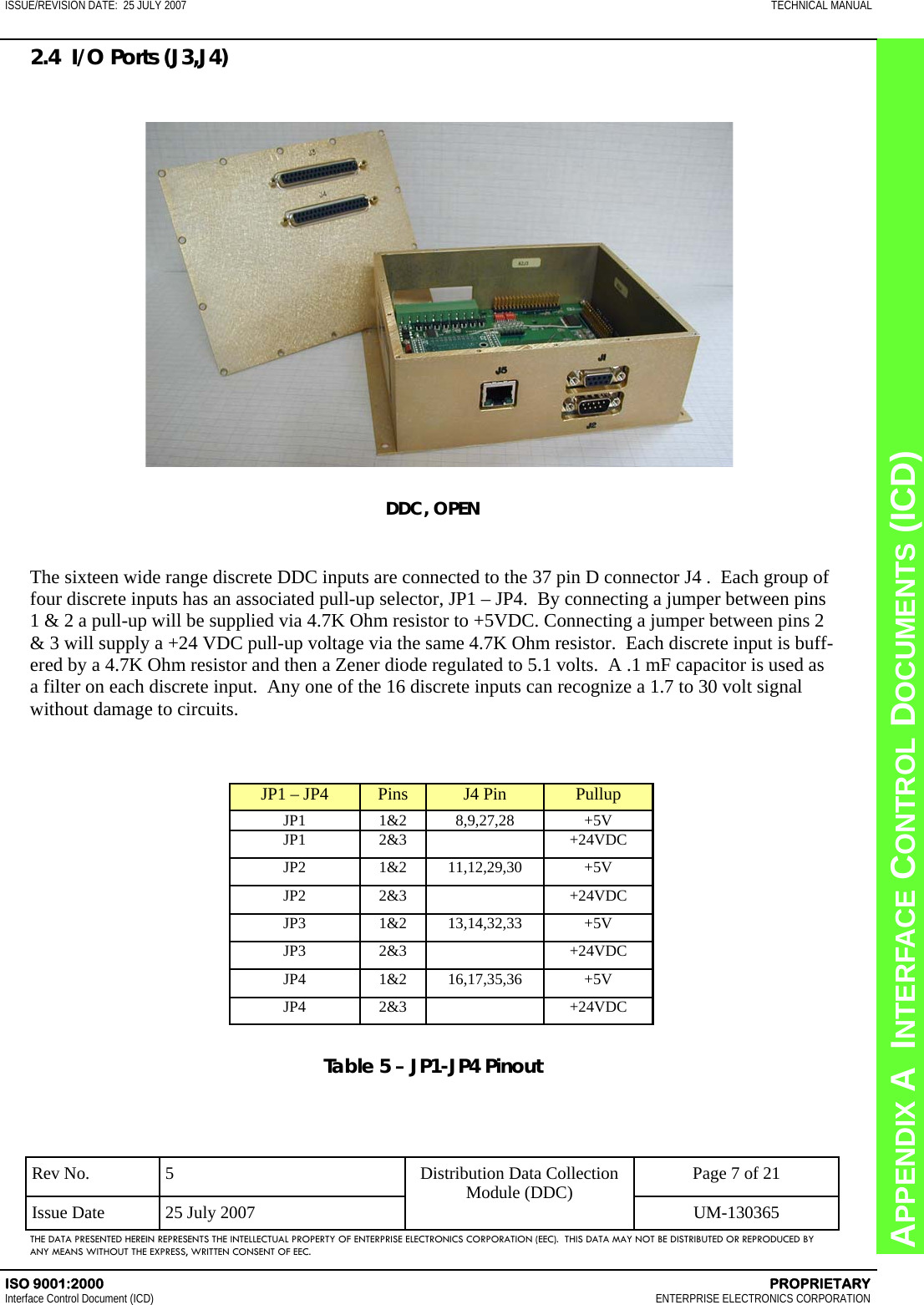 CHAPTER 8  INTERFACE CONTROL DOCUMENTS (ICD) APPENDIX A  INTERFACE CONTROL DOCUMENTS (ICD) ISSUE/REVISION DATE:  25 JULY 2007  TECHNICAL MANUAL ISO 9001:2000    PROPRIETARY Interface Control Document (ICD)   ENTERPRISE ELECTRONICS CORPORATION Rev No.  5  Page 7 of 21 Issue Date  25 July 2007  UM-130365 Distribution Data Collection Module (DDC) THE DATA PRESENTED HEREIN REPRESENTS THE INTELLECTUAL PROPERTY OF ENTERPRISE ELECTRONICS CORPORATION (EEC).  THIS DATA MAY NOT BE DISTRIBUTED OR REPRODUCED BY ANY MEANS WITHOUT THE EXPRESS, WRITTEN CONSENT OF EEC. 2.4  I/O Ports (J3,J4) DDC, OPEN   The sixteen wide range discrete DDC inputs are connected to the 37 pin D connector J4 .  Each group of four discrete inputs has an associated pull-up selector, JP1 – JP4.  By connecting a jumper between pins 1 &amp; 2 a pull-up will be supplied via 4.7K Ohm resistor to +5VDC. Connecting a jumper between pins 2 &amp; 3 will supply a +24 VDC pull-up voltage via the same 4.7K Ohm resistor.  Each discrete input is buff-ered by a 4.7K Ohm resistor and then a Zener diode regulated to 5.1 volts.  A .1 mF capacitor is used as a filter on each discrete input.  Any one of the 16 discrete inputs can recognize a 1.7 to 30 volt signal without damage to circuits. JP1 – JP4  Pins  J4 Pin  Pullup JP1 1&amp;2 8,9,27,28 +5V JP1 2&amp;3     +24VDC JP2 1&amp;2 11,12,29,30 +5V JP2 2&amp;3     +24VDC JP3 1&amp;2 13,14,32,33 +5V JP3 2&amp;3     +24VDC JP4 1&amp;2 16,17,35,36 +5V JP4 2&amp;3     +24VDC Table 5 – JP1-JP4 Pinout  