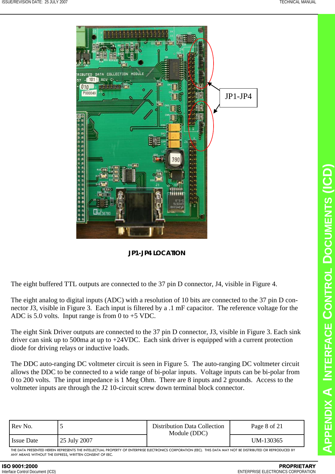 CHAPTER 8  INTERFACE CONTROL DOCUMENTS (ICD) APPENDIX A  INTERFACE CONTROL DOCUMENTS (ICD) ISSUE/REVISION DATE:  25 JULY 2007  TECHNICAL MANUAL ISO 9001:2000    PROPRIETARY Interface Control Document (ICD)   ENTERPRISE ELECTRONICS CORPORATION Rev No.  5  Page 8 of 21 Issue Date  25 July 2007  UM-130365 Distribution Data Collection Module (DDC) THE DATA PRESENTED HEREIN REPRESENTS THE INTELLECTUAL PROPERTY OF ENTERPRISE ELECTRONICS CORPORATION (EEC).  THIS DATA MAY NOT BE DISTRIBUTED OR REPRODUCED BY ANY MEANS WITHOUT THE EXPRESS, WRITTEN CONSENT OF EEC.  JP1-JP4 JP1-JP4 LOCATION     The eight buffered TTL outputs are connected to the 37 pin D connector, J4, visible in Figure 4.  The eight analog to digital inputs (ADC) with a resolution of 10 bits are connected to the 37 pin D con-nector J3, visible in Figure 3.  Each input is filtered by a .1 mF capacitor.  The reference voltage for the ADC is 5.0 volts.  Input range is from 0 to +5 VDC.  The eight Sink Driver outputs are connected to the 37 pin D connector, J3, visible in Figure 3. Each sink driver can sink up to 500ma at up to +24VDC.  Each sink driver is equipped with a current protection diode for driving relays or inductive loads.  The DDC auto-ranging DC voltmeter circuit is seen in Figure 5.  The auto-ranging DC voltmeter circuit allows the DDC to be connected to a wide range of bi-polar inputs.  Voltage inputs can be bi-polar from 0 to 200 volts.  The input impedance is 1 Meg Ohm.  There are 8 inputs and 2 grounds.  Access to the voltmeter inputs are through the J2 10-circuit screw down terminal block connector. 