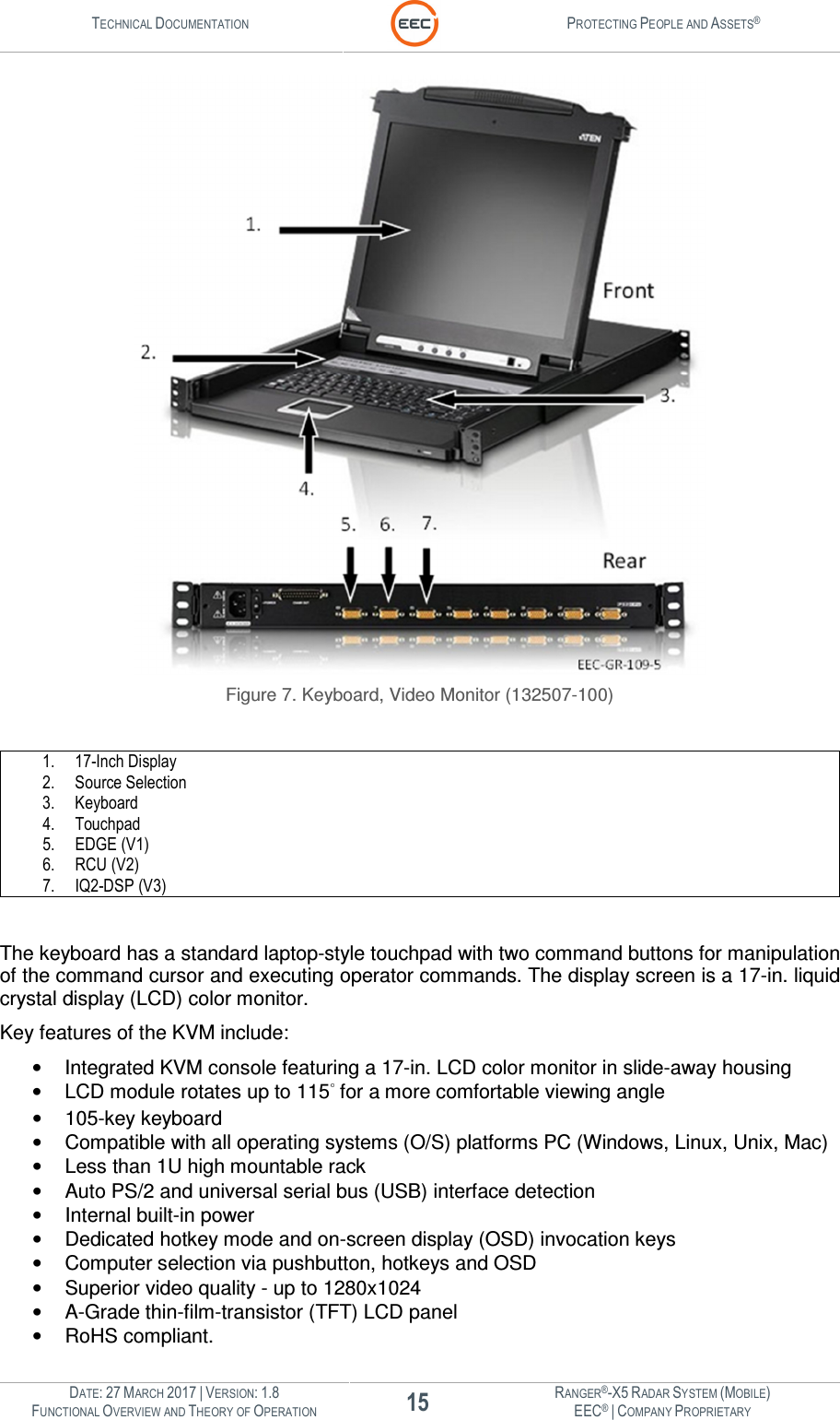 TECHNICAL DOCUMENTATION  PROTECTING PEOPLE AND ASSETS®  DATE: 27 MARCH 2017 | VERSION: 1.8 15 RANGER®-X5 RADAR SYSTEM (MOBILE) FUNCTIONAL OVERVIEW AND THEORY OF OPERATION EEC® | COMPANY PROPRIETARY   Figure 7. Keyboard, Video Monitor (132507-100)  1. 17-Inch Display 2. Source Selection 3. Keyboard 4. Touchpad 5. EDGE (V1) 6. RCU (V2) 7. IQ2-DSP (V3)  The keyboard has a standard laptop-style touchpad with two command buttons for manipulation of the command cursor and executing operator commands. The display screen is a 17-in. liquid crystal display (LCD) color monitor. Key features of the KVM include: •  Integrated KVM console featuring a 17-in. LCD color monitor in slide-away housing •  LCD module rotates up to 115  for a more comfortable viewing angle •  105-key keyboard •  Compatible with all operating systems (O/S) platforms PC (Windows, Linux, Unix, Mac) •  Less than 1U high mountable rack •  Auto PS/2 and universal serial bus (USB) interface detection •  Internal built-in power •  Dedicated hotkey mode and on-screen display (OSD) invocation keys •  Computer selection via pushbutton, hotkeys and OSD •  Superior video quality - up to 1280x1024 •  A-Grade thin-film-transistor (TFT) LCD panel •  RoHS compliant.  