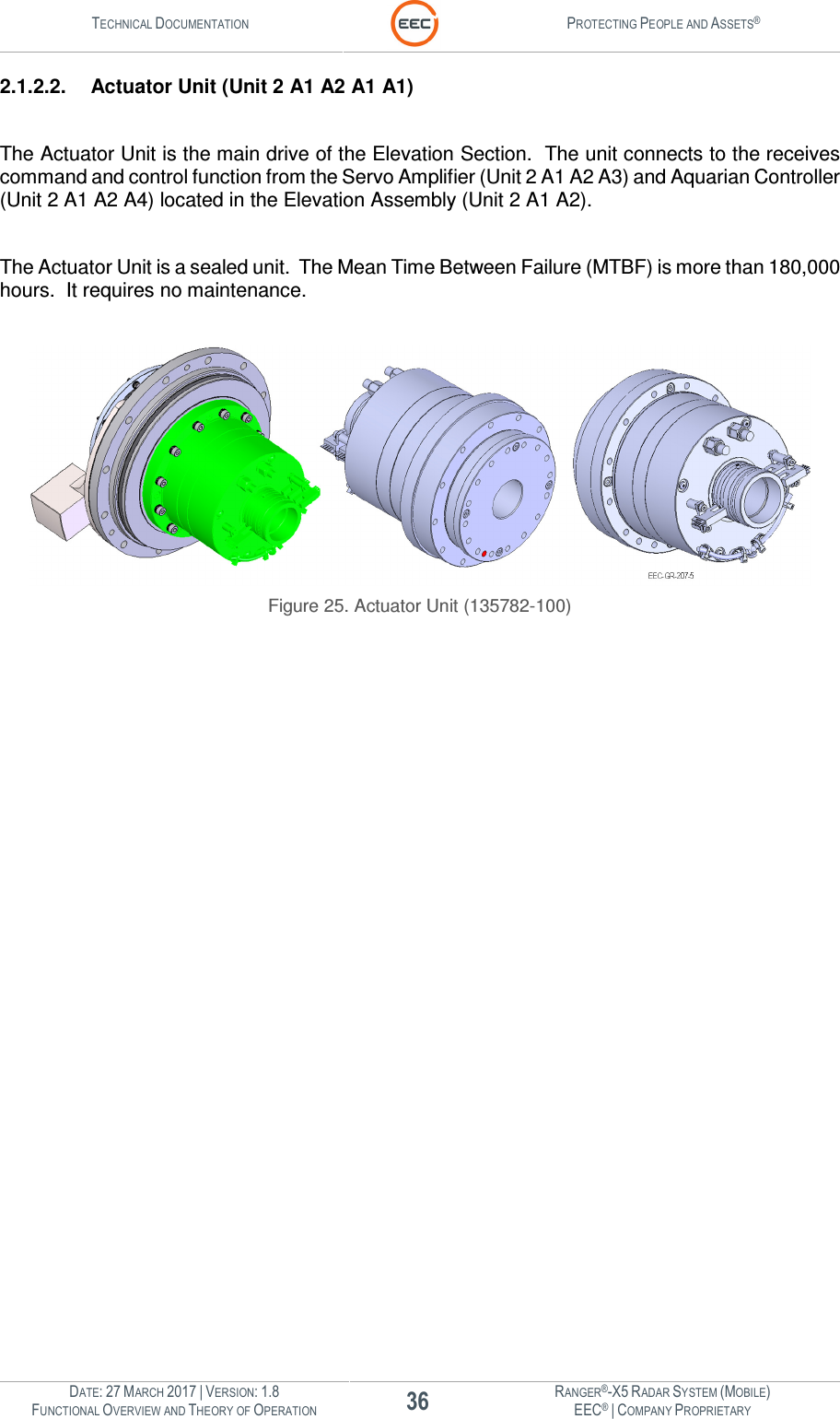 TECHNICAL DOCUMENTATION  PROTECTING PEOPLE AND ASSETS®  DATE: 27 MARCH 2017 | VERSION: 1.8 36 RANGER®-X5 RADAR SYSTEM (MOBILE) FUNCTIONAL OVERVIEW AND THEORY OF OPERATION EEC® | COMPANY PROPRIETARY  2.1.2.2.  Actuator Unit (Unit 2 A1 A2 A1 A1)  The Actuator Unit is the main drive of the Elevation Section.  The unit connects to the receives command and control function from the Servo Amplifier (Unit 2 A1 A2 A3) and Aquarian Controller (Unit 2 A1 A2 A4) located in the Elevation Assembly (Unit 2 A1 A2).    The Actuator Unit is a sealed unit.  The Mean Time Between Failure (MTBF) is more than 180,000 hours.  It requires no maintenance.   Figure 25. Actuator Unit (135782-100)    