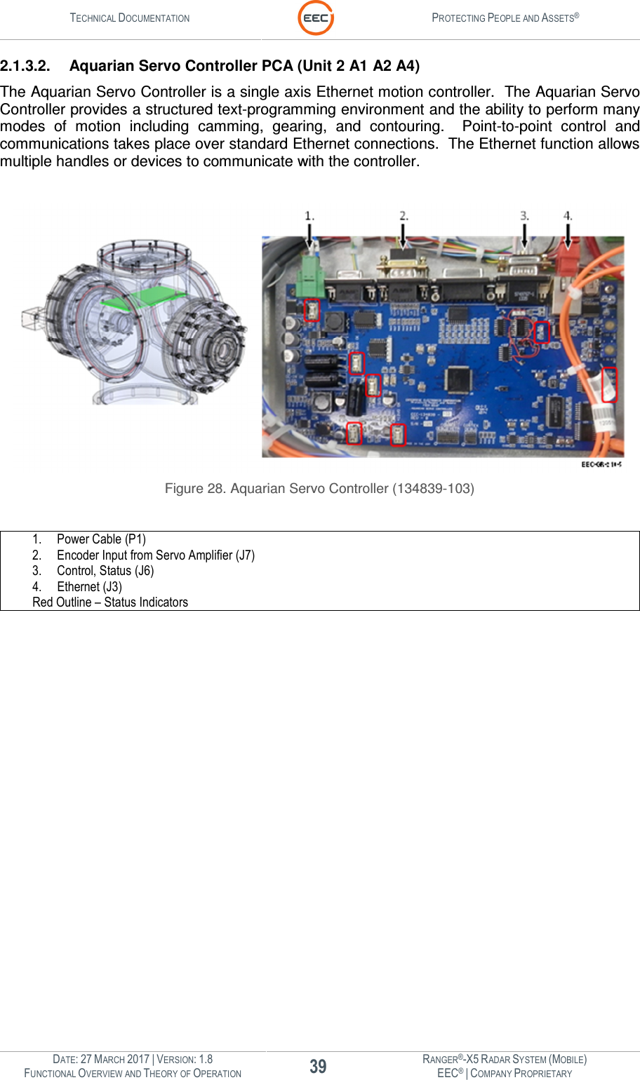 TECHNICAL DOCUMENTATION  PROTECTING PEOPLE AND ASSETS®  DATE: 27 MARCH 2017 | VERSION: 1.8 39 RANGER®-X5 RADAR SYSTEM (MOBILE) FUNCTIONAL OVERVIEW AND THEORY OF OPERATION EEC® | COMPANY PROPRIETARY  2.1.3.2.  Aquarian Servo Controller PCA (Unit 2 A1 A2 A4) The Aquarian Servo Controller is a single axis Ethernet motion controller.  The Aquarian Servo Controller provides a structured text-programming environment and the ability to perform many modes  of  motion  including  camming,  gearing,  and  contouring.    Point-to-point  control  and communications takes place over standard Ethernet connections.  The Ethernet function allows multiple handles or devices to communicate with the controller.   Figure 28. Aquarian Servo Controller (134839-103)  1. Power Cable (P1) 2. Encoder Input from Servo Amplifier (J7) 3. Control, Status (J6) 4. Ethernet (J3) Red Outline – Status Indicators    