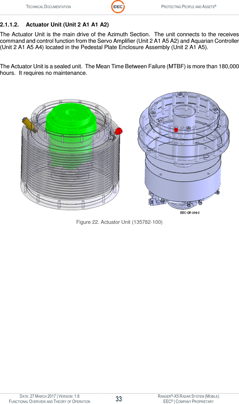 TECHNICAL DOCUMENTATION  PROTECTING PEOPLE AND ASSETS®  DATE: 27 MARCH 2017 | VERSION: 1.8 33 RANGER®-X5 RADAR SYSTEM (MOBILE) FUNCTIONAL OVERVIEW AND THEORY OF OPERATION EEC® | COMPANY PROPRIETARY  2.1.1.2.  Actuator Unit (Unit 2 A1 A1 A2) The Actuator Unit is the main drive of the Azimuth Section.  The unit connects to the receives command and control function from the Servo Amplifier (Unit 2 A1 A5 A2) and Aquarian Controller (Unit 2 A1 A5 A4) located in the Pedestal Plate Enclosure Assembly (Unit 2 A1 A5).    The Actuator Unit is a sealed unit.  The Mean Time Between Failure (MTBF) is more than 180,000 hours.  It requires no maintenance.   Figure 22. Actuator Unit (135782-100)       