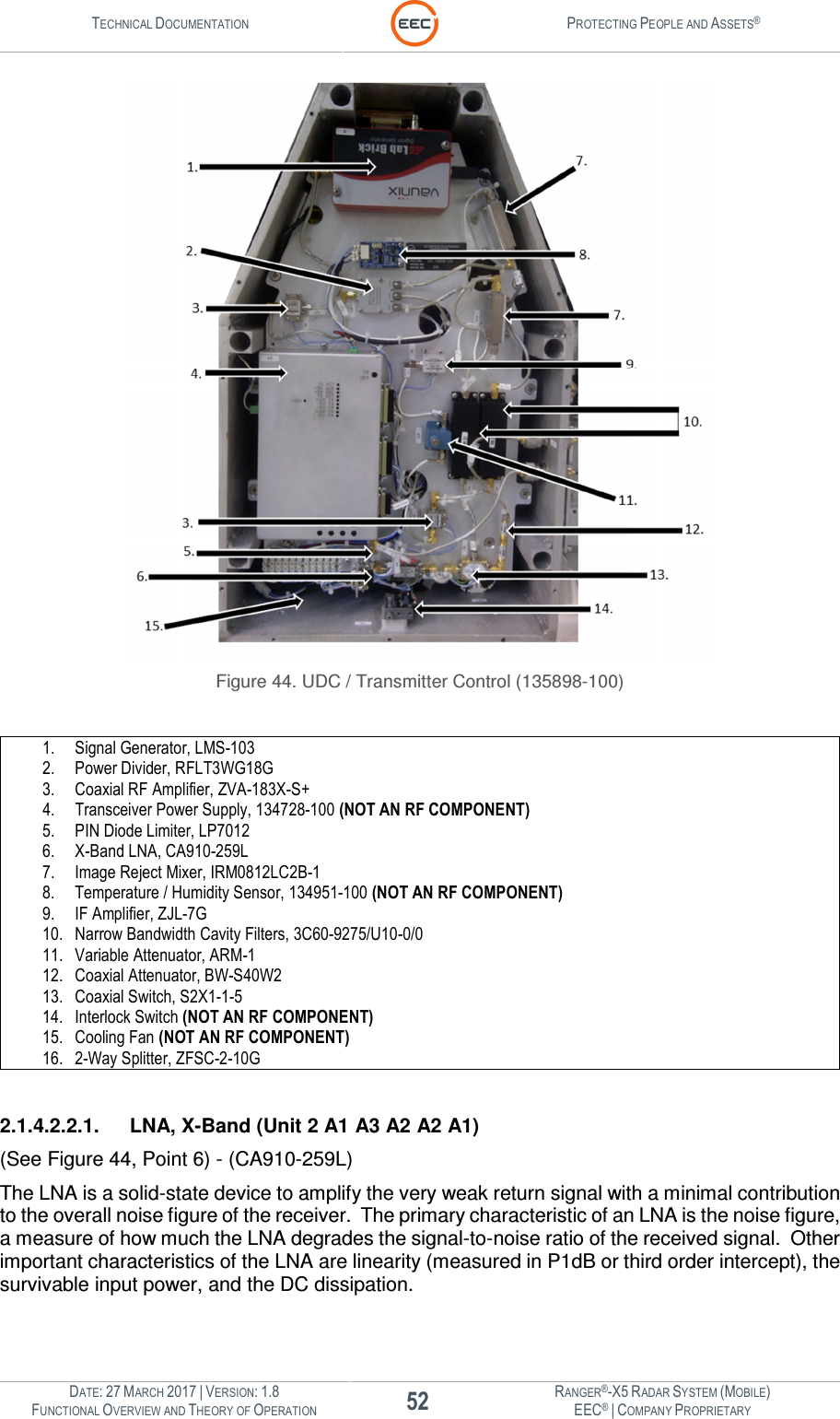 TECHNICAL DOCUMENTATION  PROTECTING PEOPLE AND ASSETS®  DATE: 27 MARCH 2017 | VERSION: 1.8 52 RANGER®-X5 RADAR SYSTEM (MOBILE) FUNCTIONAL OVERVIEW AND THEORY OF OPERATION EEC® | COMPANY PROPRIETARY   Figure 44. UDC / Transmitter Control (135898-100)  1. Signal Generator, LMS-103 2. Power Divider, RFLT3WG18G 3. Coaxial RF Amplifier, ZVA-183X-S+ 4. Transceiver Power Supply, 134728-100 (NOT AN RF COMPONENT) 5. PIN Diode Limiter, LP7012 6. X-Band LNA, CA910-259L 7. Image Reject Mixer, IRM0812LC2B-1 8. Temperature / Humidity Sensor, 134951-100 (NOT AN RF COMPONENT) 9. IF Amplifier, ZJL-7G 10. Narrow Bandwidth Cavity Filters, 3C60-9275/U10-0/0 11. Variable Attenuator, ARM-1 12. Coaxial Attenuator, BW-S40W2 13. Coaxial Switch, S2X1-1-5 14. Interlock Switch (NOT AN RF COMPONENT) 15. Cooling Fan (NOT AN RF COMPONENT) 16. 2-Way Splitter, ZFSC-2-10G  2.1.4.2.2.1.  LNA, X-Band (Unit 2 A1 A3 A2 A2 A1) (See Figure 44, Point 6) - (CA910-259L) The LNA is a solid-state device to amplify the very weak return signal with a minimal contribution to the overall noise figure of the receiver.  The primary characteristic of an LNA is the noise figure, a measure of how much the LNA degrades the signal-to-noise ratio of the received signal.  Other important characteristics of the LNA are linearity (measured in P1dB or third order intercept), the survivable input power, and the DC dissipation.       