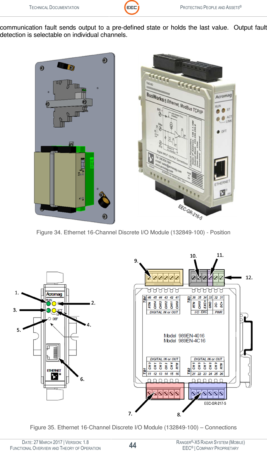 TECHNICAL DOCUMENTATION  PROTECTING PEOPLE AND ASSETS®  DATE: 27 MARCH 2017 | VERSION: 1.8 44 RANGER®-X5 RADAR SYSTEM (MOBILE) FUNCTIONAL OVERVIEW AND THEORY OF OPERATION EEC® | COMPANY PROPRIETARY  communication fault sends  output  to a  pre-defined state or  holds the last  value.    Output fault detection is selectable on individual channels.   Figure 34. Ethernet 16-Channel Discrete I/O Module (132849-100) - Position   Figure 35. Ethernet 16-Channel Discrete I/O Module (132849-100) – Connections 