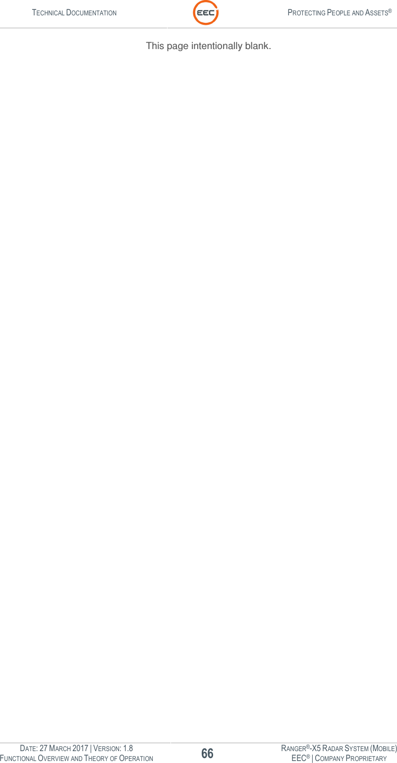TECHNICAL DOCUMENTATION  PROTECTING PEOPLE AND ASSETS®  DATE: 27 MARCH 2017 | VERSION: 1.8 66 RANGER®-X5 RADAR SYSTEM (MOBILE) FUNCTIONAL OVERVIEW AND THEORY OF OPERATION EEC® | COMPANY PROPRIETARY  This page intentionally blank.     
