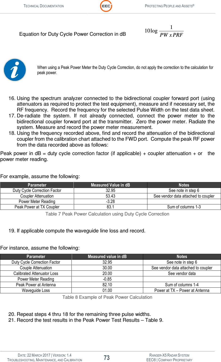 TECHNICAL DOCUMENTATION  PROTECTING PEOPLE AND ASSETS®   DATE: 22 MARCH 2017 | VERSION: 1.4 73 RANGER-X5 RADAR SYSTEM TROUBLESHOOTING, MAINTENANCE, AND CALIBRATION EEC® | COMPANY PROPRIETARY  Equation for Duty Cycle Power Correction in dB     When using a Peak Power Meter the Duty Cycle Correction, do not apply the correction to the calculation for peak power.  16. Using the spectrum analyzer connected to the bidirectional coupler forward port (using attenuators as required to protect the test equipment), measure and if necessary set, the RF frequency.  Record the frequency for the selected Pulse Width on the test data sheet. 17. De-radiate  the  system.  If  not  already  connected,  connect  the  power  meter  to  the bidirectional coupler forward port at the transmitter.  Zero the power meter. Radiate the system. Measure and record the power meter measurement. 18. Using the frequency recorded above, find and record the attenuation of the bidirectional coupler from the calibration chart attached to the FWD port.  Compute the peak RF power from the data recorded above as follows: Peak power in dB = duty cycle correction factor (if applicable) + coupler attenuation + or   the power meter reading.  For example, assume the following: Parameter Measured Value in dB Notes Duty Cycle Correction Factor 32.95 See note in step 6 Coupler Attenuation 53.43 See vendor data attached to coupler Power Meter Reading -3.28  Peak Power at TX Coupler 83.1 Sum of columns 1-3 Table 7 Peak Power Calculation using Duty Cycle Correction  19. If applicable compute the waveguide line loss and record.  For instance, assume the following: Parameter Measured value in dB Notes Duty Cycle Correction Factor 32.95 See note in step 6 Couple Attenuation 30.00 See vendor data attached to coupler Calibrated Attenuator Loss 20.00 See vendor data Power Meter Reading -0.85  Peak Power at Antenna 82.10 Sum of columns 1-4 Waveguide Loss 01.00 Power at TX – Power at Antenna Table 8 Example of Peak Power Calculation  20. Repeat steps 4 thru 18 for the remaining three pulse widths.  21. Record the test results in the Peak Power Test Results – Table 9.   PRFxPW1log10