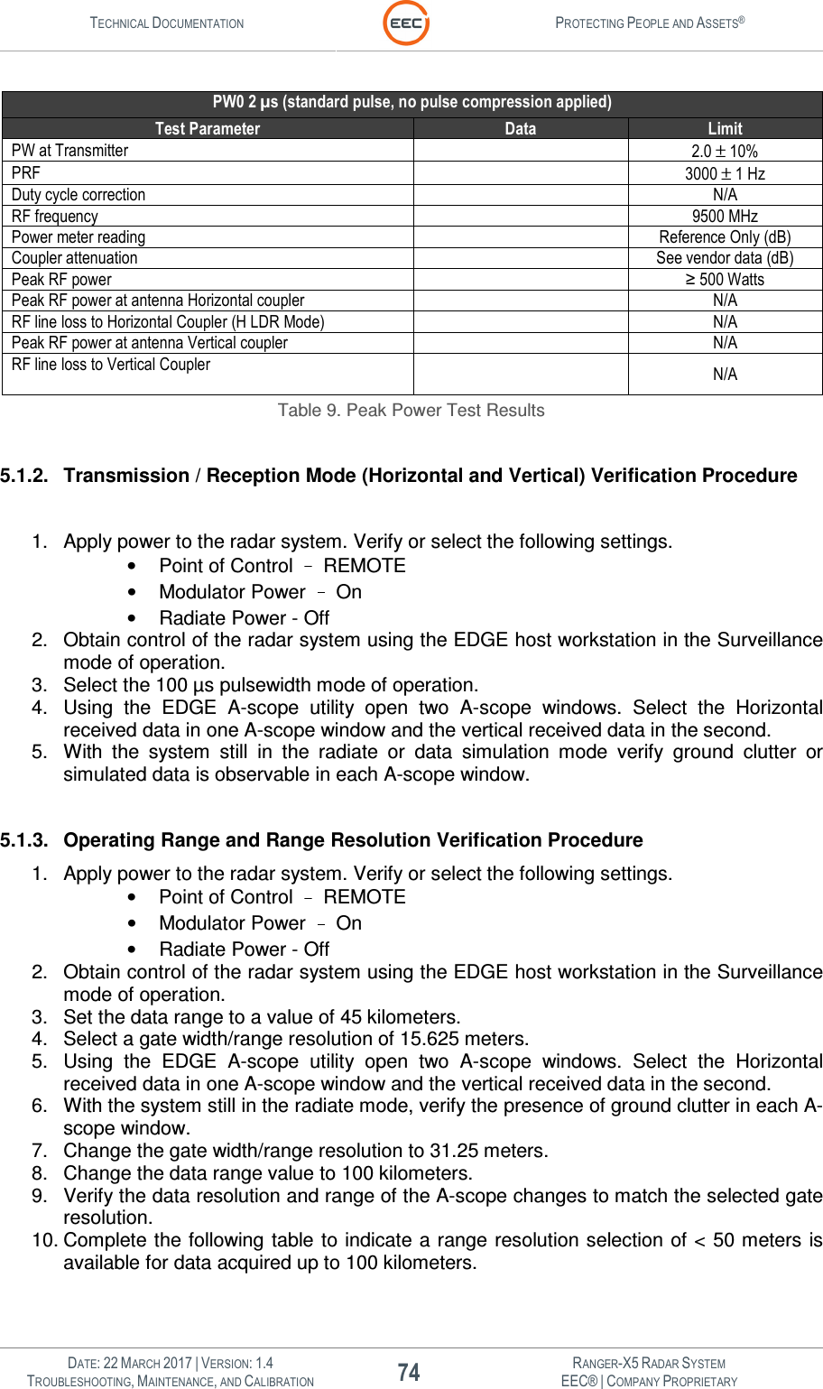 TECHNICAL DOCUMENTATION  PROTECTING PEOPLE AND ASSETS®   DATE: 22 MARCH 2017 | VERSION: 1.4 74 RANGER-X5 RADAR SYSTEM TROUBLESHOOTING, MAINTENANCE, AND CALIBRATION EEC® | COMPANY PROPRIETARY  PW0 2 µs (standard pulse, no pulse compression applied) Test Parameter Data Limit PW at Transmitter   2.0 ± 10% PRF   3000 ± 1 Hz Duty cycle correction  N/A RF frequency                     9500 MHz Power meter reading              Reference Only (dB) Coupler attenuation             See vendor data (dB) Peak RF power                    ≥ 500 Watts Peak RF power at antenna Horizontal coupler  N/A RF line loss to Horizontal Coupler (H LDR Mode)  N/A Peak RF power at antenna Vertical coupler  N/A RF line loss to Vertical Coupler    N/A Table 9. Peak Power Test Results  5.1.2.  Transmission / Reception Mode (Horizontal and Vertical) Verification Procedure  1.  Apply power to the radar system. Verify or select the following settings.    •  Point of Control   REMOTE •  Modulator Power   On •  Radiate Power - Off 2.  Obtain control of the radar system using the EDGE host workstation in the Surveillance mode of operation. 3.  Select the 100 µs pulsewidth mode of operation.  4.  Using  the  EDGE  A-scope  utility  open  two  A-scope  windows.  Select  the  Horizontal received data in one A-scope window and the vertical received data in the second. 5.  With  the  system  still  in  the  radiate  or  data  simulation  mode  verify  ground  clutter  or simulated data is observable in each A-scope window.  5.1.3.  Operating Range and Range Resolution Verification Procedure 1.  Apply power to the radar system. Verify or select the following settings.    •  Point of Control   REMOTE •  Modulator Power   On •  Radiate Power - Off 2.  Obtain control of the radar system using the EDGE host workstation in the Surveillance mode of operation. 3.  Set the data range to a value of 45 kilometers. 4.  Select a gate width/range resolution of 15.625 meters.  5.  Using  the  EDGE  A-scope  utility  open  two  A-scope  windows.  Select  the  Horizontal received data in one A-scope window and the vertical received data in the second. 6.  With the system still in the radiate mode, verify the presence of ground clutter in each A-scope window. 7.  Change the gate width/range resolution to 31.25 meters. 8.  Change the data range value to 100 kilometers. 9.  Verify the data resolution and range of the A-scope changes to match the selected gate resolution. 10. Complete the following table to indicate a range resolution selection of &lt;  50 meters  is available for data acquired up to 100 kilometers. 