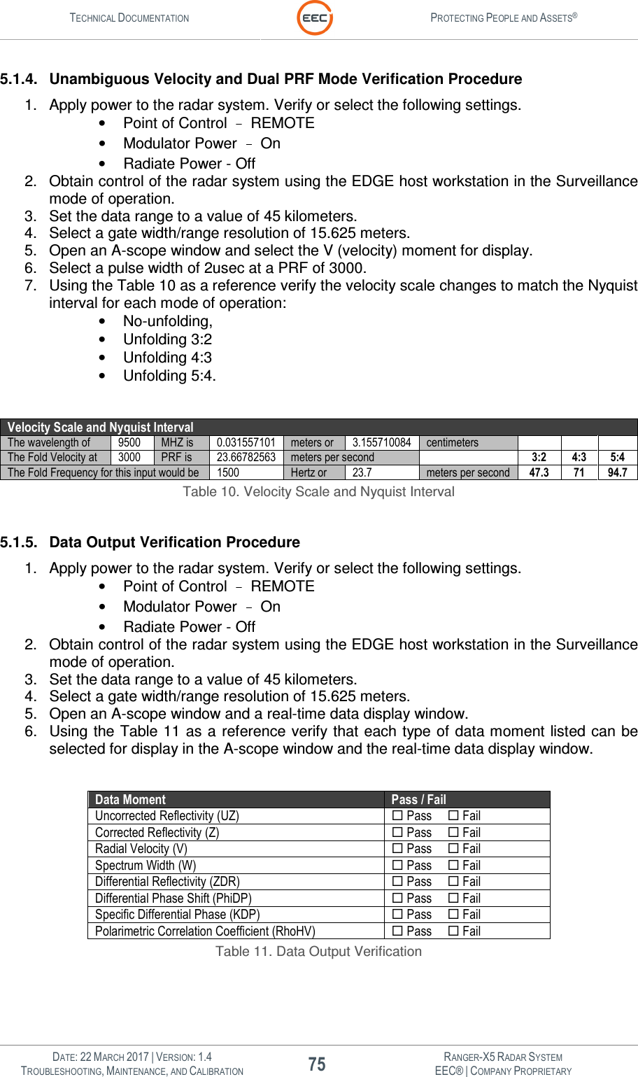 TECHNICAL DOCUMENTATION  PROTECTING PEOPLE AND ASSETS®   DATE: 22 MARCH 2017 | VERSION: 1.4 75 RANGER-X5 RADAR SYSTEM TROUBLESHOOTING, MAINTENANCE, AND CALIBRATION EEC® | COMPANY PROPRIETARY  5.1.4.  Unambiguous Velocity and Dual PRF Mode Verification Procedure 1.  Apply power to the radar system. Verify or select the following settings.  •  Point of Control   REMOTE •  Modulator Power   On •  Radiate Power - Off 2.  Obtain control of the radar system using the EDGE host workstation in the Surveillance mode of operation. 3.  Set the data range to a value of 45 kilometers. 4.  Select a gate width/range resolution of 15.625 meters.  5.  Open an A-scope window and select the V (velocity) moment for display. 6.  Select a pulse width of 2usec at a PRF of 3000. 7.  Using the Table 10 as a reference verify the velocity scale changes to match the Nyquist interval for each mode of operation:  •  No-unfolding,  •  Unfolding 3:2 •  Unfolding 4:3 •  Unfolding 5:4.  Velocity Scale and Nyquist Interval The wavelength of 9500 MHZ is 0.031557101 meters or 3.155710084 centimeters    The Fold Velocity at 3000 PRF is 23.66782563 meters per second  3:2 4:3 5:4 The Fold Frequency for this input would be 1500 Hertz or 23.7 meters per second 47.3 71 94.7 Table 10. Velocity Scale and Nyquist Interval  5.1.5.  Data Output Verification Procedure 1.  Apply power to the radar system. Verify or select the following settings.    •  Point of Control   REMOTE •  Modulator Power   On •  Radiate Power - Off 2.  Obtain control of the radar system using the EDGE host workstation in the Surveillance mode of operation. 3.  Set the data range to a value of 45 kilometers. 4.  Select a gate width/range resolution of 15.625 meters. 5.  Open an A-scope window and a real-time data display window.  6.  Using the  Table 11 as a reference verify that each type of data moment listed can  be selected for display in the A-scope window and the real-time data display window.  Data Moment Pass / Fail Uncorrected Reflectivity (UZ)  Pass      Fail Corrected Reflectivity (Z)  Pass      Fail Radial Velocity (V)  Pass      Fail Spectrum Width (W)  Pass      Fail Differential Reflectivity (ZDR)  Pass      Fail Differential Phase Shift (PhiDP)  Pass      Fail Specific Differential Phase (KDP)  Pass      Fail Polarimetric Correlation Coefficient (RhoHV)  Pass      Fail Table 11. Data Output Verification   