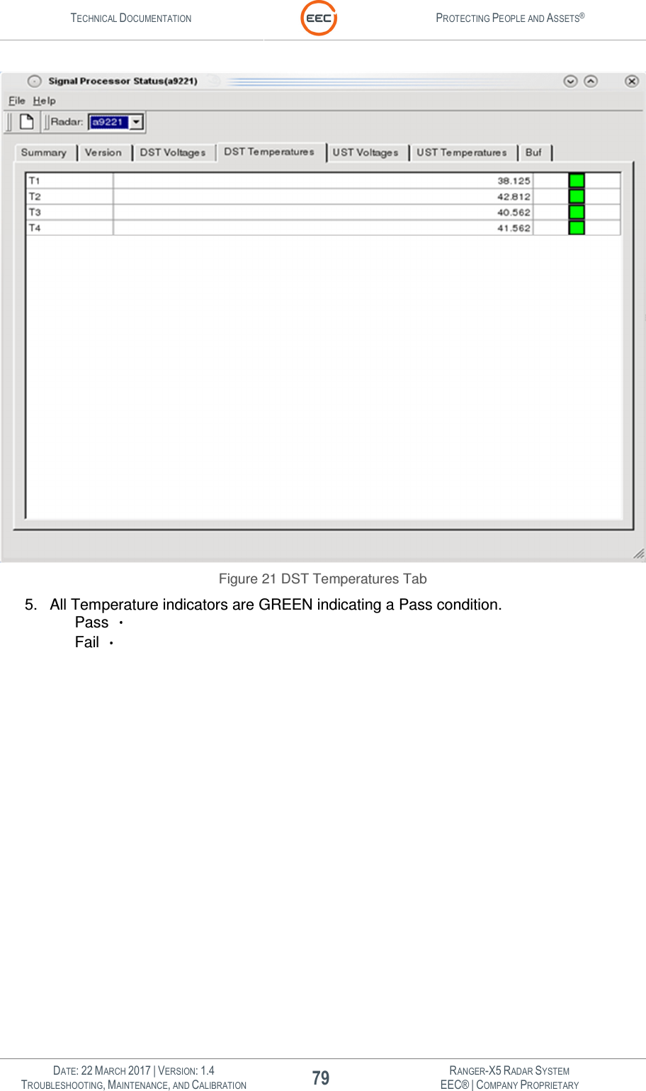 TECHNICAL DOCUMENTATION  PROTECTING PEOPLE AND ASSETS®   DATE: 22 MARCH 2017 | VERSION: 1.4 79 RANGER-X5 RADAR SYSTEM TROUBLESHOOTING, MAINTENANCE, AND CALIBRATION EEC® | COMPANY PROPRIETARY   Figure 21 DST Temperatures Tab 5.  All Temperature indicators are GREEN indicating a Pass condition.   Pass    Fail    