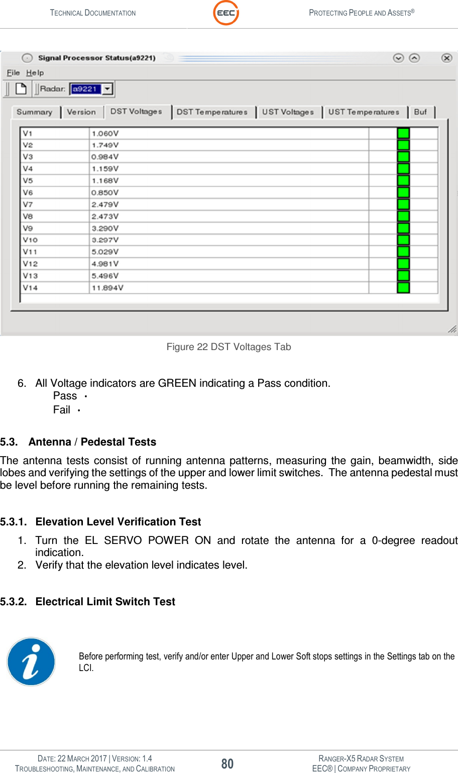 TECHNICAL DOCUMENTATION  PROTECTING PEOPLE AND ASSETS®   DATE: 22 MARCH 2017 | VERSION: 1.4 80 RANGER-X5 RADAR SYSTEM TROUBLESHOOTING, MAINTENANCE, AND CALIBRATION EEC® | COMPANY PROPRIETARY   Figure 22 DST Voltages Tab  6.  All Voltage indicators are GREEN indicating a Pass condition.    Pass    Fail    5.3.  Antenna / Pedestal Tests The antenna  tests  consist  of  running  antenna  patterns, measuring  the  gain,  beamwidth,  side lobes and verifying the settings of the upper and lower limit switches.  The antenna pedestal must be level before running the remaining tests.  5.3.1.  Elevation Level Verification Test 1.  Turn  the  EL  SERVO  POWER  ON  and  rotate  the  antenna  for  a  0-degree  readout indication.   2.  Verify that the elevation level indicates level.  5.3.2.  Electrical Limit Switch Test   Before performing test, verify and/or enter Upper and Lower Soft stops settings in the Settings tab on the LCI.   