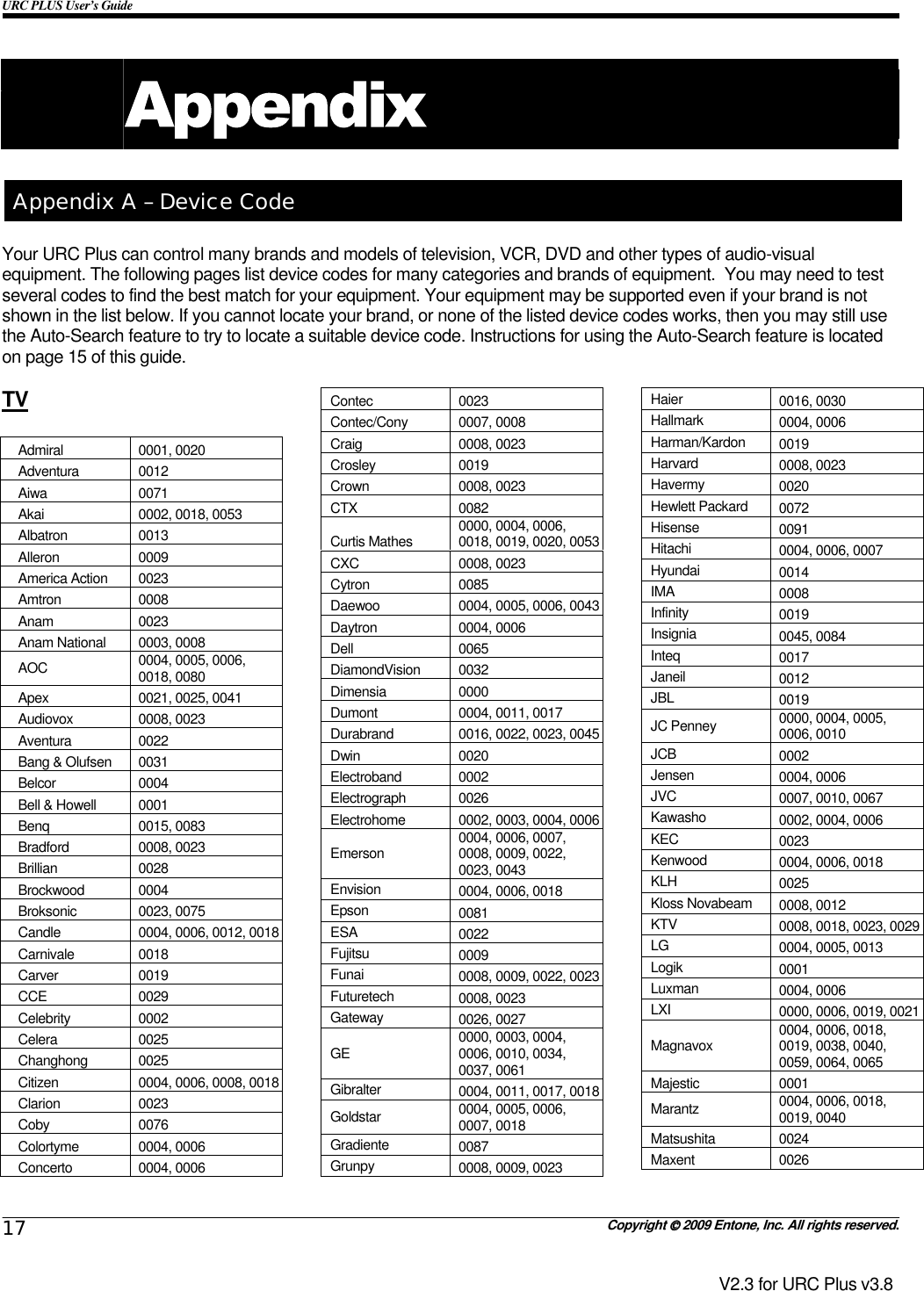 URC PLUS User’s Guide   Copyright  2009 Entone, Inc. All rights reserved. 17 V2.3 for URC Plus v3.8    Appendix A – Device Code Your URC Plus can control many brands and models of television, VCR, DVD and other types of audio-visual equipment. The following pages list device codes for many categories and brands of equipment.  You may need to test several codes to find the best match for your equipment. Your equipment may be supported even if your brand is not shown in the list below. If you cannot locate your brand, or none of the listed device codes works, then you may still use the Auto-Search feature to try to locate a suitable device code. Instructions for using the Auto-Search feature is located on page 15 of this guide.  TV  Admiral 0001, 0020 Adventura 0012 Aiwa 0071 Akai  0002, 0018, 0053 Albatron 0013 Alleron 0009 America Action  0023 Amtron 0008 Anam 0023 Anam National  0003, 0008 AOC  0004, 0005, 0006, 0018, 0080 Apex  0021, 0025, 0041  Audiovox 0008, 0023 Aventura 0022 Bang &amp; Olufsen  0031 Belcor 0004 Bell &amp; Howell  0001 Benq 0015, 0083 Bradford 0008, 0023 Brillian 0028 Brockwood 0004 Broksonic 0023, 0075 Candle  0004, 0006, 0012, 0018 Carnivale 0018 Carver 0019 CCE 0029 Celebrity 0002 Celera 0025 Changhong 0025 Citizen  0004, 0006, 0008, 0018 Clarion 0023 Coby 0076 Colortyme 0004, 0006 Concerto 0004, 0006 Contec 0023 Contec/Cony 0007, 0008 Craig 0008, 0023 Crosley 0019 Crown 0008, 0023 CTX 0082 Curtis Mathes  0000, 0004, 0006, 0018, 0019, 0020, 0053 CXC 0008, 0023 Cytron 0085 Daewoo  0004, 0005, 0006, 0043Daytron 0004, 0006 Dell 0065 DiamondVision 0032 Dimensia 0000 Dumont  0004, 0011, 0017  Durabrand  0016, 0022, 0023, 0045Dwin 0020 Electroband 0002 Electrograph 0026 Electrohome  0002, 0003, 0004, 0006Emerson  0004, 0006, 0007, 0008, 0009, 0022, 0023, 0043 Envision  0004, 0006, 0018  Epson  0081 ESA  0022 Fujitsu  0009 Funai  0008, 0009, 0022, 0023Futuretech  0008, 0023 Gateway  0026, 0027 GE  0000, 0003, 0004, 0006, 0010, 0034, 0037, 0061 Gibralter  0004, 0011, 0017, 0018Goldstar  0004, 0005, 0006, 0007, 0018  Gradiente  0087 Grunpy  0008, 0009, 0023  Haier  0016, 0030 Hallmark  0004, 0006 Harman/Kardon  0019 Harvard  0008, 0023 Havermy  0020 Hewlett Packard  0072 Hisense  0091 Hitachi  0004, 0006, 0007  Hyundai  0014 IMA  0008 Infinity  0019 Insignia  0045, 0084 Inteq  0017 Janeil  0012 JBL  0019 JC Penney  0000, 0004, 0005, 0006, 0010 JCB  0002 Jensen  0004, 0006 JVC  0007, 0010, 0067  Kawasho  0002, 0004, 0006  KEC  0023 Kenwood  0004, 0006, 0018  KLH  0025 Kloss Novabeam  0008, 0012 KTV  0008, 0018, 0023, 0029LG  0004, 0005, 0013  Logik  0001 Luxman  0004, 0006 LXI  0000, 0006, 0019, 0021Magnavox  0004, 0006, 0018, 0019, 0038, 0040, 0059, 0064, 0065 Majestic 0001 Marantz  0004, 0006, 0018, 0019, 0040  Matsushita 0024 Maxent 0026 