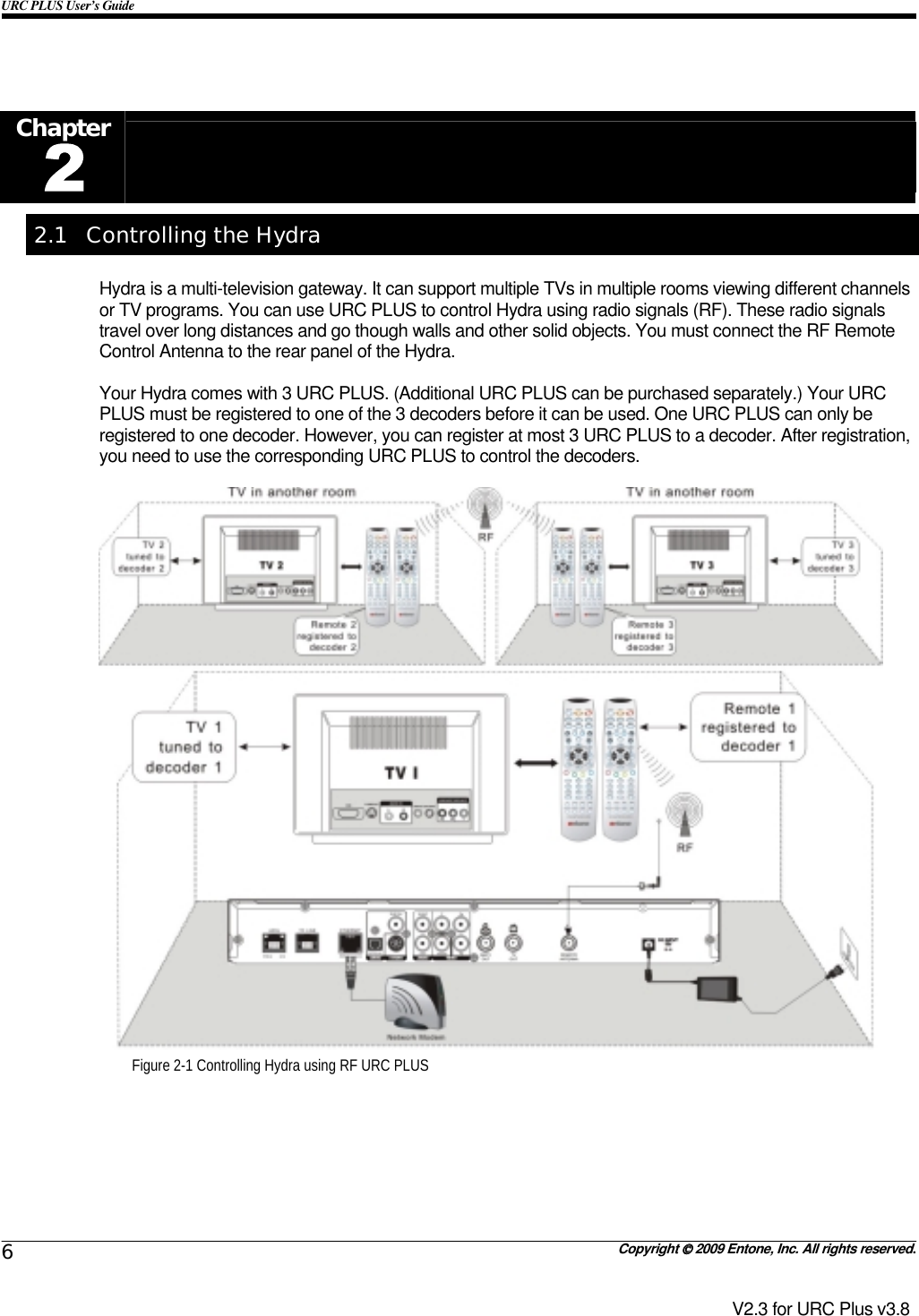 URC PLUS User’s Guide   Copyright  2009 Entone, Inc. All rights reserved. 6 V2.3 for URC Plus v3.8  Chapter 2.1  Controlling the Hydra Hydra is a multi-television gateway. It can support multiple TVs in multiple rooms viewing different channels or TV programs. You can use URC PLUS to control Hydra using radio signals (RF). These radio signals travel over long distances and go though walls and other solid objects. You must connect the RF Remote Control Antenna to the rear panel of the Hydra.  Your Hydra comes with 3 URC PLUS. (Additional URC PLUS can be purchased separately.) Your URC PLUS must be registered to one of the 3 decoders before it can be used. One URC PLUS can only be registered to one decoder. However, you can register at most 3 URC PLUS to a decoder. After registration, you need to use the corresponding URC PLUS to control the decoders.   Figure 2-1 Controlling Hydra using RF URC PLUS  