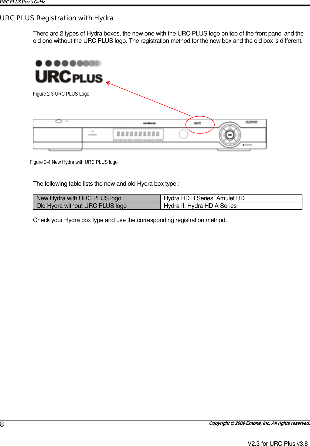 URC PLUS User’s Guide   Copyright  2009 Entone, Inc. All rights reserved. 8 V2.3 for URC Plus v3.8 URC PLUS Registration with Hydra  There are 2 types of Hydra boxes, the new one with the URC PLUS logo on top of the front panel and the old one without the URC PLUS logo. The registration method for the new box and the old box is different.   Figure 2-3 URC PLUS Logo   Figure 2-4 New Hydra with URC PLUS logo  The following table lists the new and old Hydra box type : New Hydra with URC PLUS logo  Hydra HD B Series, Amulet HD Old Hydra without URC PLUS logo  Hydra II, Hydra HD A Series  Check your Hydra box type and use the corresponding registration method. 