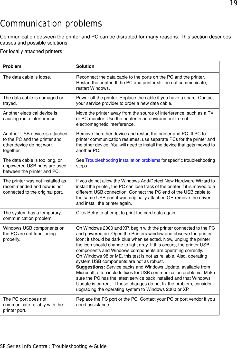 19SP Series Info Central: Troubleshooting e-GuideCommunication problemsCommunication between the printer and PC can be disrupted for many reasons. This section describes causes and possible solutions. For locally attached printers:Problem SolutionThe data cable is loose. Reconnect the data cable to the ports on the PC and the printer. Restart the printer. If the PC and printer still do not communicate, restart Windows.The data cable is damaged or frayed. Power off the printer. Replace the cable if you have a spare. Contact your service provider to order a new data cable. Another electrical device is causing radio interference. Move the printer away from the source of interference, such as a TV or PC monitor. Use the printer in an environment free of electromagnetic interference.Another USB device is attached to the PC and the printer and other device do not work together.Remove the other device and restart the printer and PC. If PC to printer communication resumes, use separate PCs for the printer and the other device. You will need to install the device that gets moved to another PC. The data cable is too long, or unpowered USB hubs are used between the printer and PC.See Troubleshooting installation problems for specific troubleshooting steps.The printer was not installed as recommended and now is not connected to the original port.If you do not allow the Windows Add/Detect New Hardware Wizard to install the printer, the PC can lose track of the printer if it is moved to a different USB connection. Connect the PC end of the USB cable to the same USB port it was originally attached OR remove the driver and install the printer again.The system has a temporary communication problem. Click Retry to attempt to print the card data again. Windows USB components on the PC are not functioning properly. On Windows 2000 and XP, begin with the printer connected to the PC and powered on. Open the Printers window and observe the printer icon; it should be dark blue when selected. Now, unplug the printer; the icon should change to light gray. If this occurs, the printer USB components and Windows components are operating correctly.On Windows 98 or ME, this test is not as reliable. Also, operating system USB components are not as robust. Suggestions: Service packs and Windows Update, available from Microsoft, often include fixes for USB communication problems. Make sure the PC has the latest service pack installed and that Windows Update is current. If these changes do not fix the problem, consider upgrading the operating system to Windows 2000 or XP.The PC port does not communicate reliably with the printer port.Replace the PC port or the PC. Contact your PC or port vendor if you need assistance.