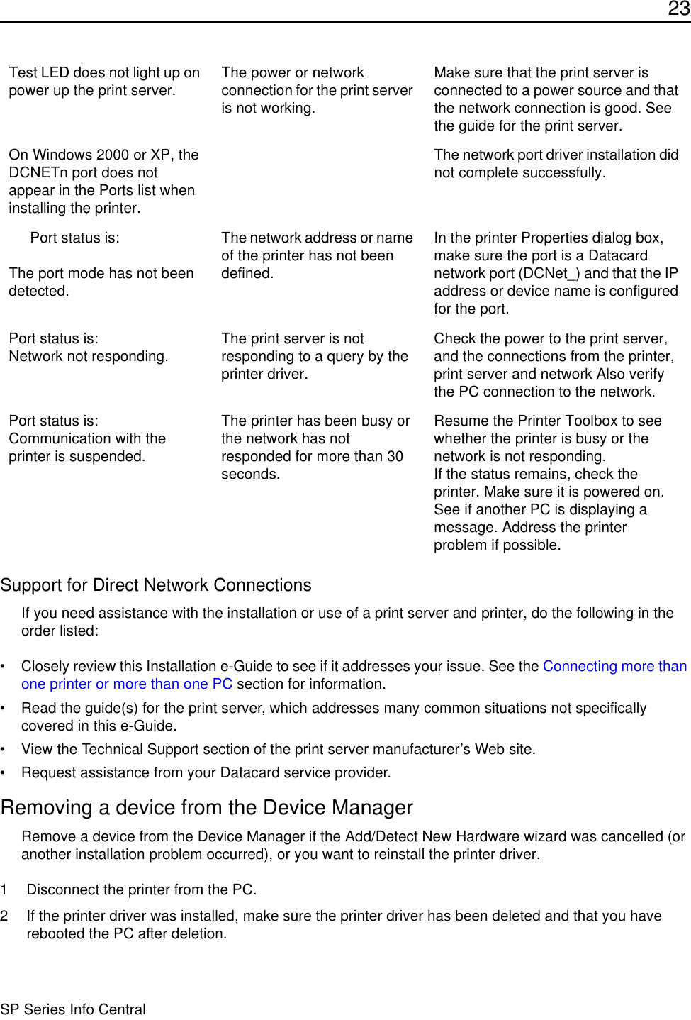 23SP Series Info CentralSupport for Direct Network ConnectionsIf you need assistance with the installation or use of a print server and printer, do the following in the order listed:• Closely review this Installation e-Guide to see if it addresses your issue. See the Connecting more than one printer or more than one PC section for information.• Read the guide(s) for the print server, which addresses many common situations not specifically covered in this e-Guide.• View the Technical Support section of the print server manufacturer’s Web site. • Request assistance from your Datacard service provider.Removing a device from the Device ManagerRemove a device from the Device Manager if the Add/Detect New Hardware wizard was cancelled (or another installation problem occurred), or you want to reinstall the printer driver.1 Disconnect the printer from the PC. 2 If the printer driver was installed, make sure the printer driver has been deleted and that you have rebooted the PC after deletion. Test LED does not light up on power up the print server. The power or network connection for the print server is not working.Make sure that the print server is connected to a power source and that the network connection is good. See the guide for the print server.On Windows 2000 or XP, the DCNETn port does not appear in the Ports list when installing the printer.The network port driver installation did not complete successfully. Port status is: The port mode has not been detected.The network address or name of the printer has not been defined. In the printer Properties dialog box, make sure the port is a Datacard network port (DCNet_) and that the IP address or device name is configured for the port.Port status is: Network not responding.  The print server is not responding to a query by the printer driver.Check the power to the print server, and the connections from the printer, print server and network Also verify the PC connection to the network.Port status is: Communication with the printer is suspended.The printer has been busy or the network has not responded for more than 30 seconds. Resume the Printer Toolbox to see whether the printer is busy or the network is not responding.If the status remains, check the printer. Make sure it is powered on. See if another PC is displaying a message. Address the printer problem if possible.