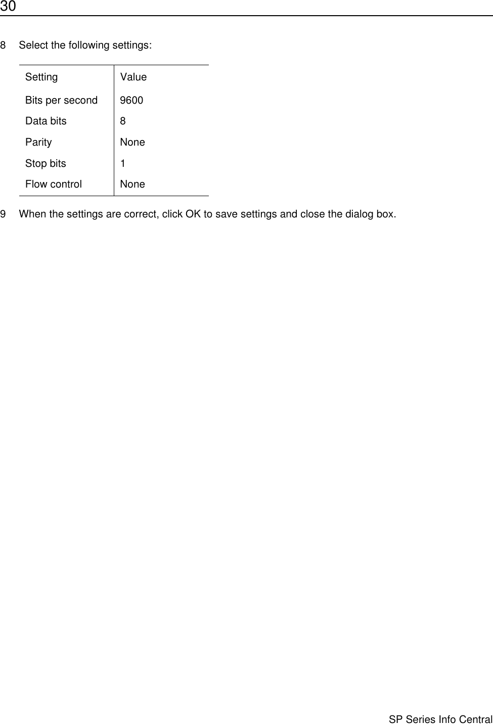 30                      SP Series Info Central8 Select the following settings:9 When the settings are correct, click OK to save settings and close the dialog box.Setting ValueBits per second 9600Data bits 8Parity NoneStop bits 1Flow control None