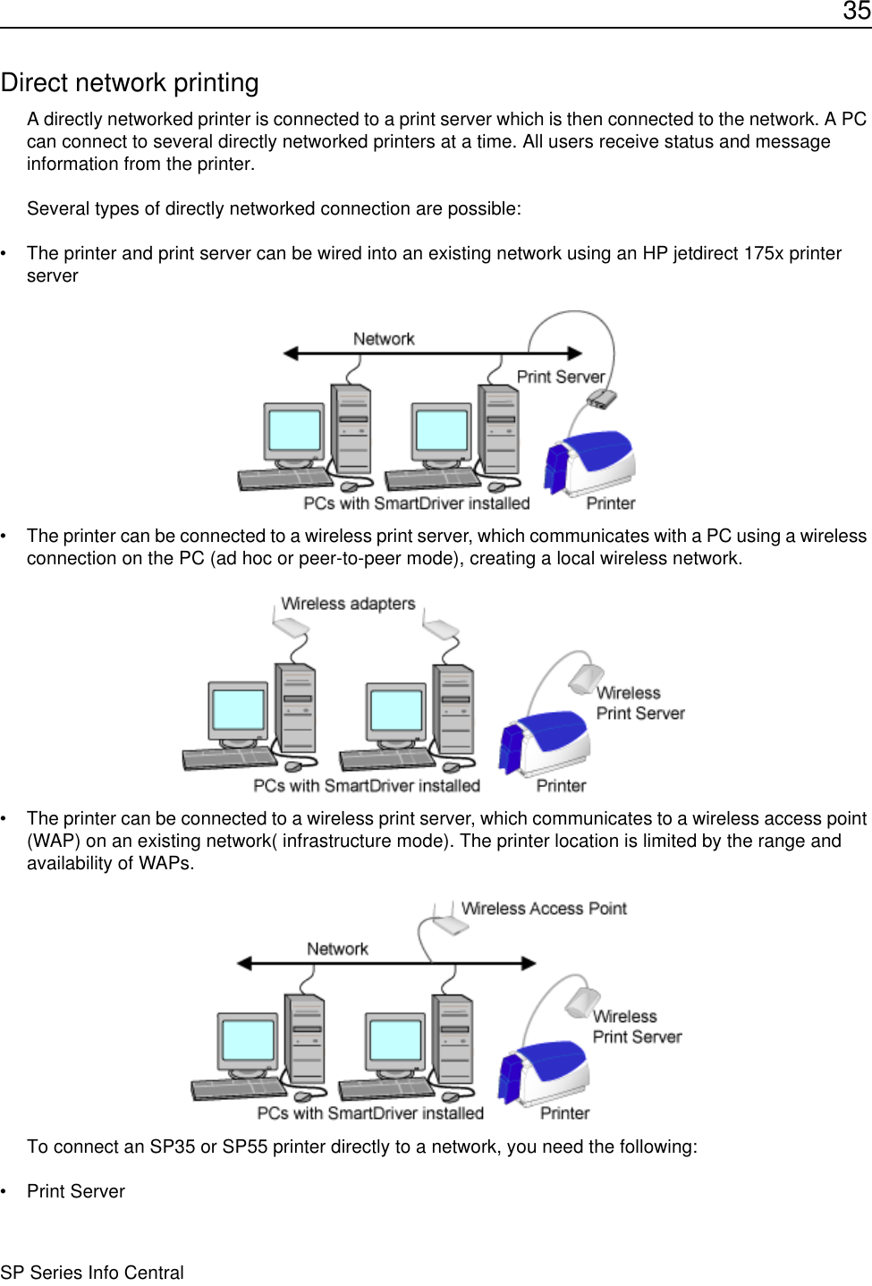 35SP Series Info CentralDirect network printingA directly networked printer is connected to a print server which is then connected to the network. A PC can connect to several directly networked printers at a time. All users receive status and message information from the printer. Several types of directly networked connection are possible: • The printer and print server can be wired into an existing network using an HP jetdirect 175x printer server• The printer can be connected to a wireless print server, which communicates with a PC using a wireless connection on the PC (ad hoc or peer-to-peer mode), creating a local wireless network.• The printer can be connected to a wireless print server, which communicates to a wireless access point (WAP) on an existing network( infrastructure mode). The printer location is limited by the range and availability of WAPs. To connect an SP35 or SP55 printer directly to a network, you need the following:• Print Server