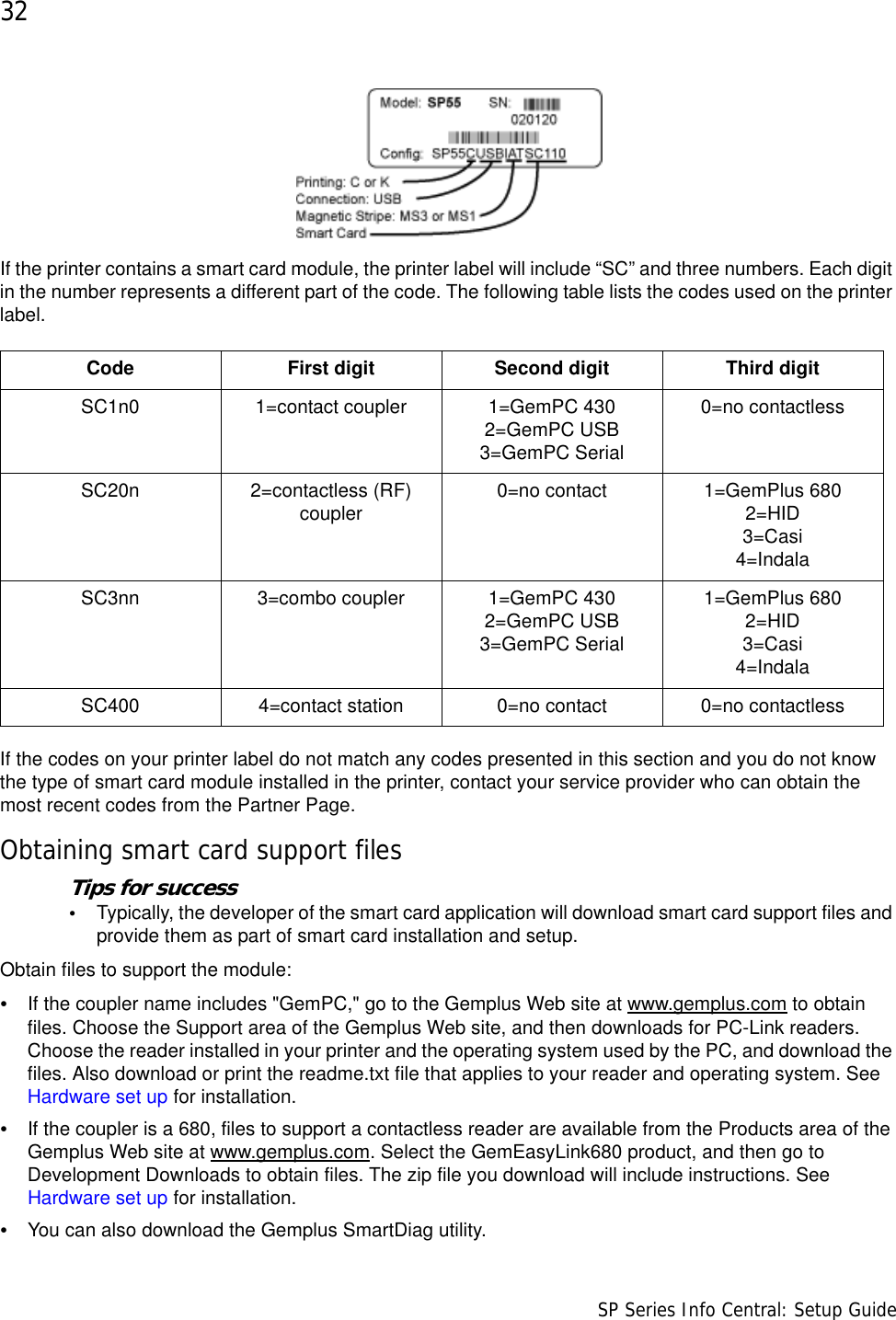 32                      SP Series Info Central: Setup GuideIf the printer contains a smart card module, the printer label will include “SC” and three numbers. Each digit in the number represents a different part of the code. The following table lists the codes used on the printer label.If the codes on your printer label do not match any codes presented in this section and you do not know the type of smart card module installed in the printer, contact your service provider who can obtain the most recent codes from the Partner Page.Obtaining smart card support filesTips for success•Typically, the developer of the smart card application will download smart card support files and provide them as part of smart card installation and setup. Obtain files to support the module:•If the coupler name includes &quot;GemPC,&quot; go to the Gemplus Web site at www.gemplus.com to obtain files. Choose the Support area of the Gemplus Web site, and then downloads for PC-Link readers. Choose the reader installed in your printer and the operating system used by the PC, and download the files. Also download or print the readme.txt file that applies to your reader and operating system. See Hardware set up for installation.•If the coupler is a 680, files to support a contactless reader are available from the Products area of the Gemplus Web site at www.gemplus.com. Select the GemEasyLink680 product, and then go to Development Downloads to obtain files. The zip file you download will include instructions. See Hardware set up for installation.•You can also download the Gemplus SmartDiag utility.Code First digit Second digit Third digitSC1n0 1=contact coupler 1=GemPC 4302=GemPC USB3=GemPC Serial0=no contactlessSC20n 2=contactless (RF) coupler 0=no contact 1=GemPlus 6802=HID3=Casi4=IndalaSC3nn 3=combo coupler 1=GemPC 4302=GemPC USB3=GemPC Serial1=GemPlus 6802=HID3=Casi4=IndalaSC400 4=contact station 0=no contact 0=no contactless