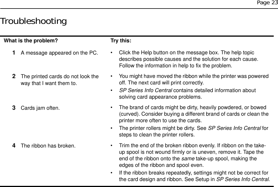 Page 23TroubleshootingWhat is the problem? Try this:1A message appeared on the PC. • Click the Help button on the message box. The help topic describes possible causes and the solution for each cause. Follow the information in help to fix the problem.2The printed cards do not look the way that I want them to.• You might have moved the ribbon while the printer was powered off. The next card will print correctly. •SP Series Info Central contains detailed information about solving card appearance problems. 3Cards jam often. • The brand of cards might be dirty, heavily powdered, or bowed (curved). Consider buying a different brand of cards or clean the printer more often to use the cards. • The printer rollers might be dirty. See SP Series Info Central for steps to clean the printer rollers.4The ribbon has broken. • Trim the end of the broken ribbon evenly. If ribbon on the take-up spool is not wound firmly or is uneven, remove it. Tape the end of the ribbon onto the same take-up spool, making the edges of the ribbon and spool even.• If the ribbon breaks repeatedly, settings might not be correct for the card design and ribbon. See Setup in SP Series Info Central.