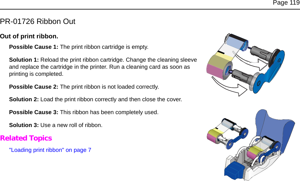 Page 119PR-01726 Ribbon OutOut of print ribbon.Possible Cause 1: The print ribbon cartridge is empty.Solution 1: Reload the print ribbon cartridge. Change the cleaning sleeve and replace the cartridge in the printer. Run a cleaning card as soon as printing is completed.Possible Cause 2: The print ribbon is not loaded correctly.Solution 2: Load the print ribbon correctly and then close the cover. Possible Cause 3: This ribbon has been completely used. Solution 3: Use a new roll of ribbon.Related Topics"Loading print ribbon" on page 7