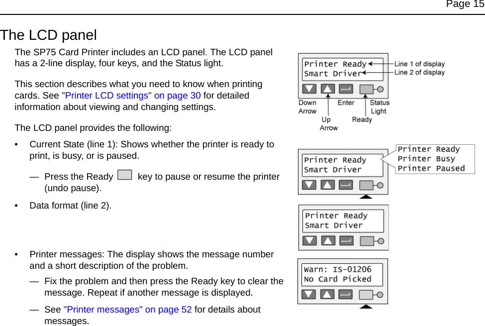 Page 15The LCD panelThe SP75 Card Printer includes an LCD panel. The LCD panel has a 2-line display, four keys, and the Status light.This section describes what you need to know when printing cards. See "Printer LCD settings" on page 30 for detailed information about viewing and changing settings.The LCD panel provides the following:• Current State (line 1): Shows whether the printer is ready to print, is busy, or is paused.— Press the Ready key to pause or resume the printer (undo pause).• Data format (line 2).• Printer messages: The display shows the message number and a short description of the problem.— Fix the problem and then press the Ready key to clear the message. Repeat if another message is displayed. — See "Printer messages" on page 52 for details about messages.