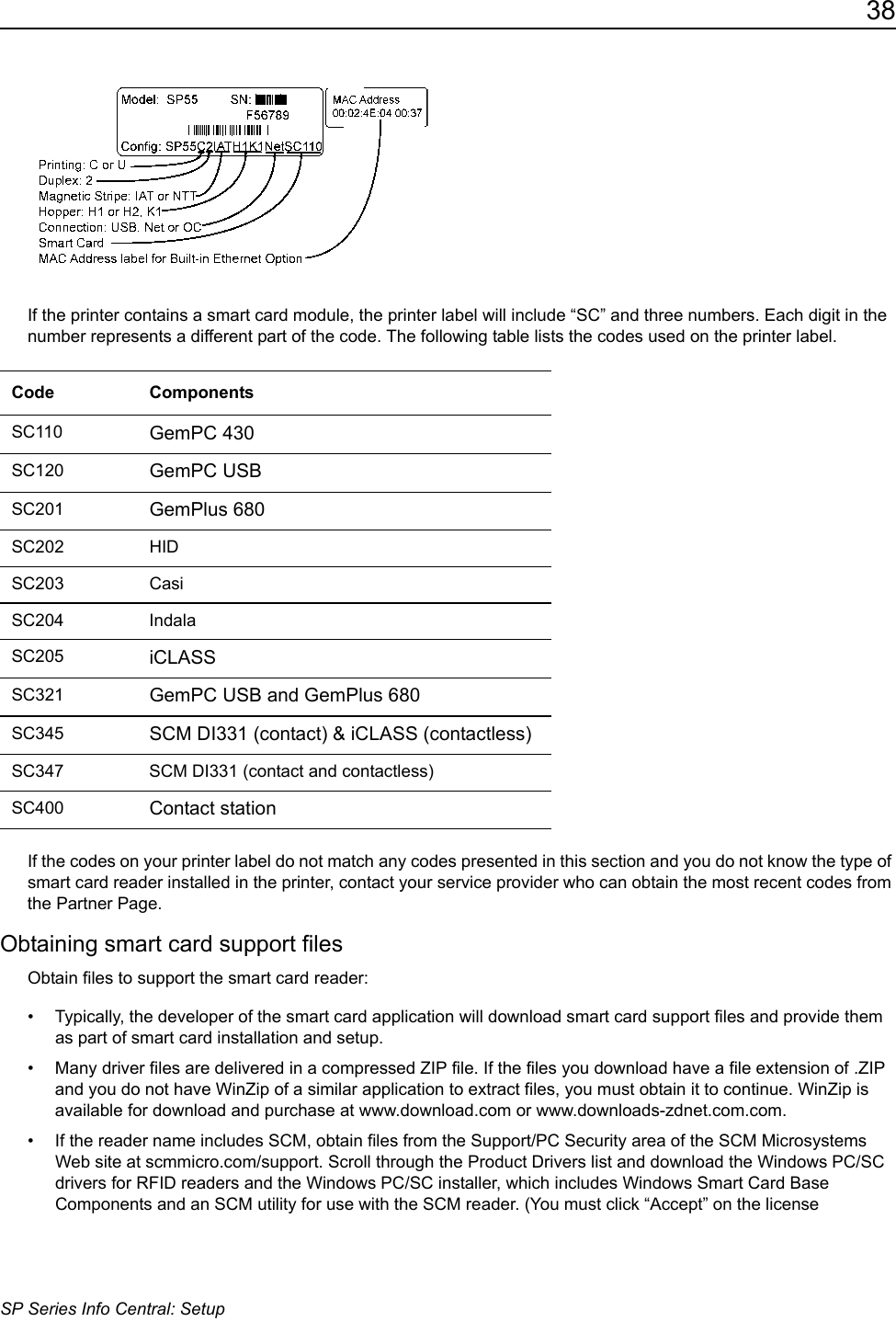 38SP Series Info Central: SetupIf the printer contains a smart card module, the printer label will include &ldquo;SC&rdquo; and three numbers. Each digit in the number represents a different part of the code. The following table lists the codes used on the printer label.If the codes on your printer label do not match any codes presented in this section and you do not know the type of smart card reader installed in the printer, contact your service provider who can obtain the most recent codes from the Partner Page.Obtaining smart card support filesObtain files to support the smart card reader:&bull; Typically, the developer of the smart card application will download smart card support files and provide them as part of smart card installation and setup. &bull; Many driver files are delivered in a compressed ZIP file. If the files you download have a file extension of .ZIP and you do not have WinZip of a similar application to extract files, you must obtain it to continue. WinZip is available for download and purchase at www.download.com or www.downloads-zdnet.com.com. &bull; If the reader name includes SCM, obtain files from the Support/PC Security area of the SCM Microsystems Web site at scmmicro.com/support. Scroll through the Product Drivers list and download the Windows PC/SC drivers for RFID readers and the Windows PC/SC installer, which includes Windows Smart Card Base Components and an SCM utility for use with the SCM reader. (You must click &ldquo;Accept&rdquo; on the license Code ComponentsSC110 GemPC 430SC120 GemPC USBSC201 GemPlus 680SC202 HIDSC203 CasiSC204 IndalaSC205 iCLASSSC321 GemPC USB and GemPlus 680SC345 SCM DI331 (contact) &amp; iCLASS (contactless)SC347 SCM DI331 (contact and contactless)SC400 Contact station