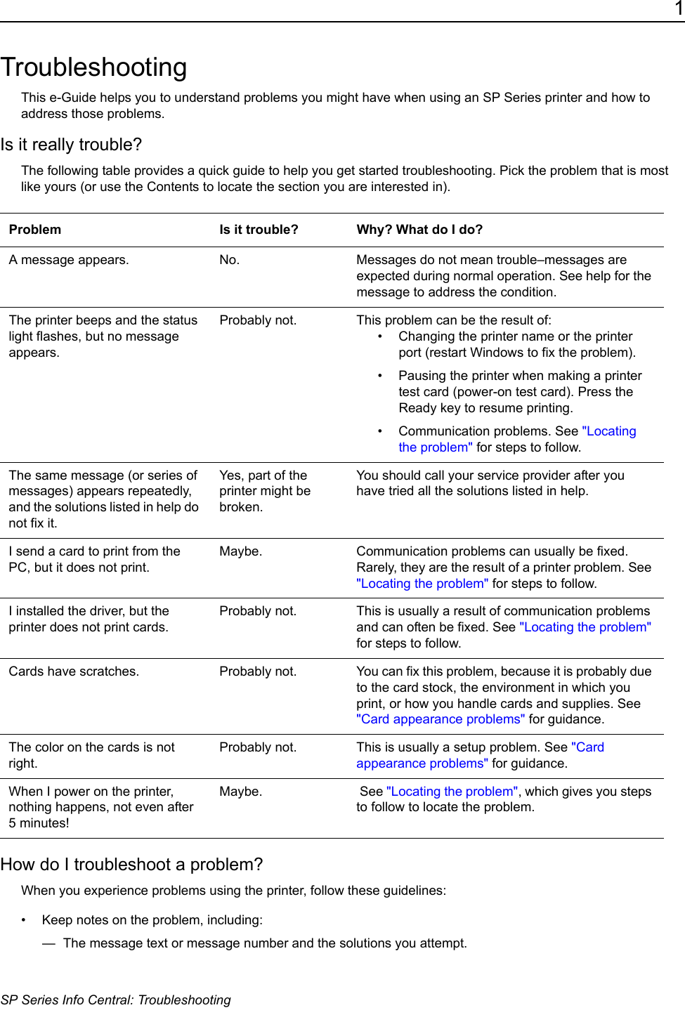 1SP Series Info Central: TroubleshootingTroubleshootingThis e-Guide helps you to understand problems you might have when using an SP Series printer and how to address those problems.Is it really trouble?The following table provides a quick guide to help you get started troubleshooting. Pick the problem that is most like yours (or use the Contents to locate the section you are interested in).How do I troubleshoot a problem?When you experience problems using the printer, follow these guidelines: &bull; Keep notes on the problem, including:&mdash;  The message text or message number and the solutions you attempt.Problem Is it trouble? Why? What do I do?A message appears. No. Messages do not mean trouble&ndash;messages are expected during normal operation. See help for the message to address the condition.The printer beeps and the status light flashes, but no message appears.Probably not. This problem can be the result of:&bull; Changing the printer name or the printer port (restart Windows to fix the problem).&bull; Pausing the printer when making a printer test card (power-on test card). Press the Ready key to resume printing.&bull; Communication problems. See "Locating the problem" for steps to follow.The same message (or series of messages) appears repeatedly, and the solutions listed in help do not fix it.Yes, part of the printer might be broken. You should call your service provider after you have tried all the solutions listed in help.I send a card to print from the PC, but it does not print.Maybe. Communication problems can usually be fixed. Rarely, they are the result of a printer problem. See "Locating the problem" for steps to follow.I installed the driver, but the printer does not print cards.Probably not. This is usually a result of communication problems and can often be fixed. See "Locating the problem" for steps to follow.Cards have scratches. Probably not. You can fix this problem, because it is probably due to the card stock, the environment in which you print, or how you handle cards and supplies. See "Card appearance problems" for guidance.The color on the cards is not right.Probably not. This is usually a setup problem. See "Card appearance problems" for guidance.When I power on the printer, nothing happens, not even after 5 minutes!Maybe.  See "Locating the problem", which gives you steps to follow to locate the problem.