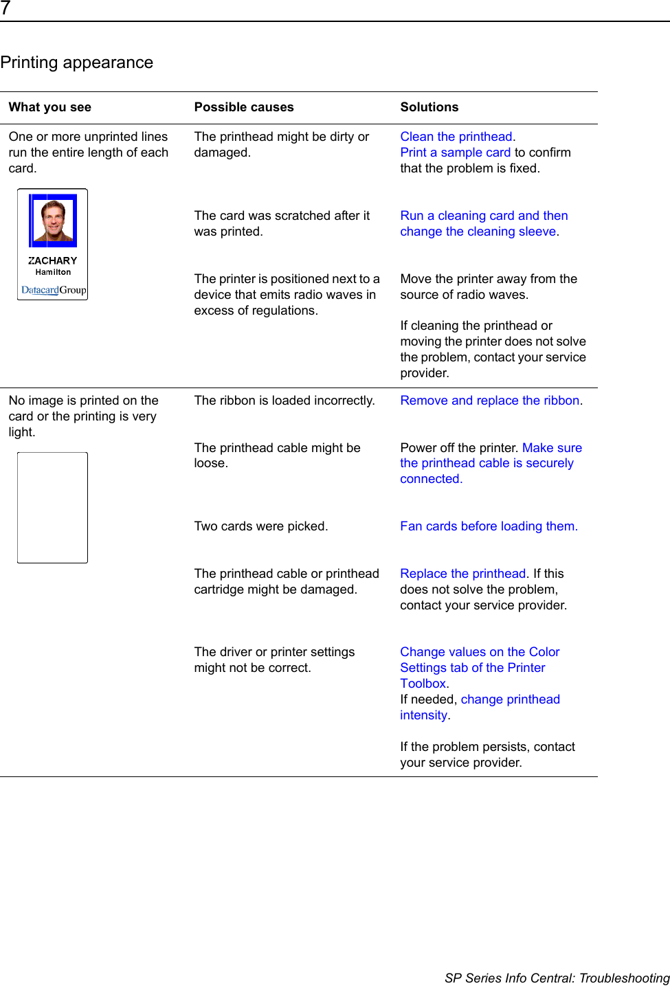 7                      SP Series Info Central: TroubleshootingPrinting appearanceWhat you see Possible causes SolutionsOne or more unprinted lines run the entire length of each card. The printhead might be dirty or damaged.The card was scratched after it was printed.The printer is positioned next to a device that emits radio waves in excess of regulations.Clean the printhead.Print a sample card to confirm that the problem is fixed.Run a cleaning card and then change the cleaning sleeve.Move the printer away from the source of radio waves.If cleaning the printhead or moving the printer does not solve the problem, contact your service provider.No image is printed on the card or the printing is very light.The ribbon is loaded incorrectly.The printhead cable might be loose. Two cards were picked.The printhead cable or printhead cartridge might be damaged.The driver or printer settings might not be correct.Remove and replace the ribbon.Power off the printer. Make sure the printhead cable is securely connected.Fan cards before loading them.Replace the printhead. If this does not solve the problem, contact your service provider. Change values on the Color Settings tab of the Printer Toolbox. If needed, change printhead intensity.If the problem persists, contact your service provider.