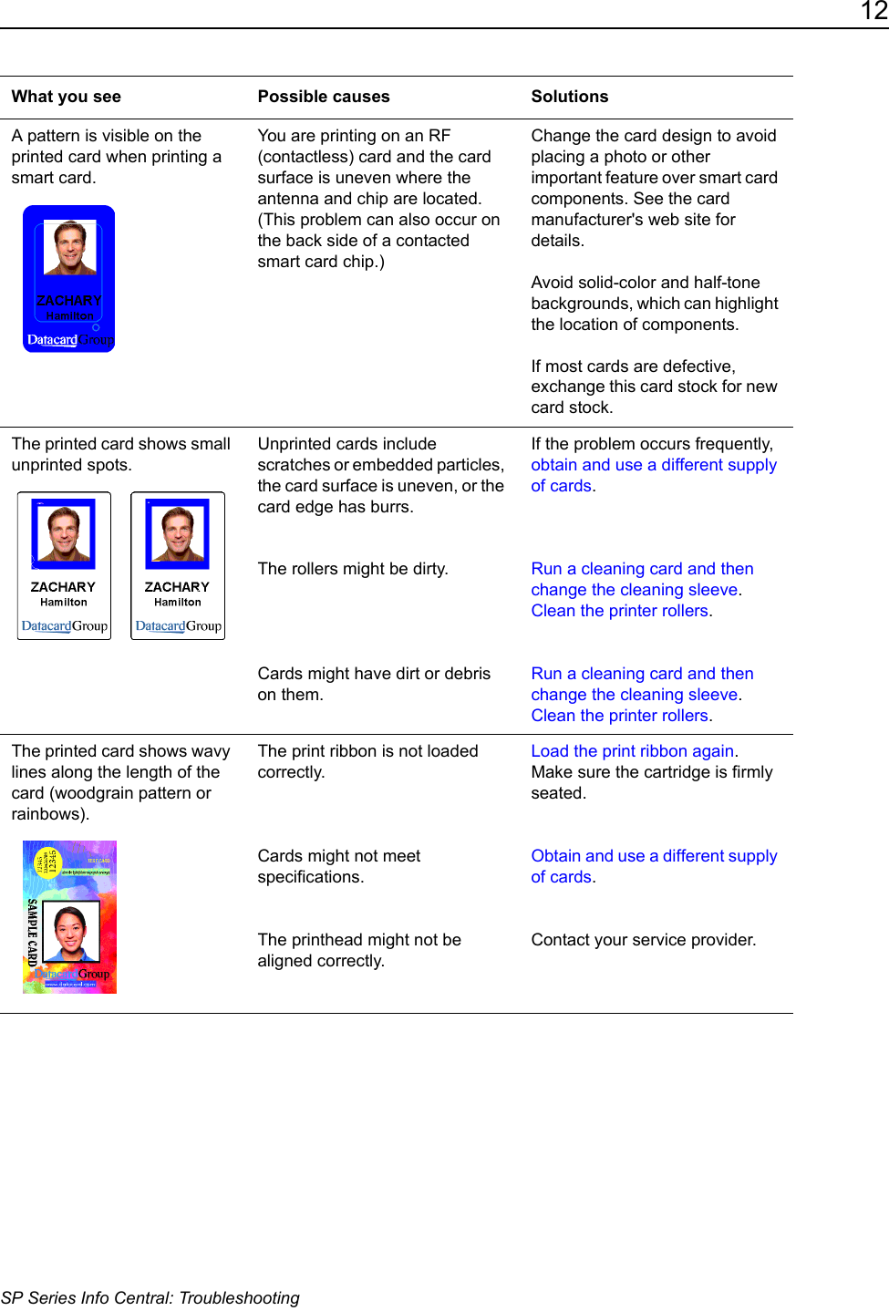 12SP Series Info Central: TroubleshootingA pattern is visible on the printed card when printing a smart card. You are printing on an RF (contactless) card and the card surface is uneven where the antenna and chip are located. (This problem can also occur on the back side of a contacted smart card chip.)Change the card design to avoid placing a photo or other important feature over smart card components. See the card  manufacturer's web site for details.Avoid solid-color and half-tone backgrounds, which can highlight the location of components.If most cards are defective, exchange this card stock for new card stock. The printed card shows small unprinted spots. Unprinted cards include scratches or embedded particles, the card surface is uneven, or the card edge has burrs.The rollers might be dirty.Cards might have dirt or debris on them.If the problem occurs frequently, obtain and use a different supply of cards.Run a cleaning card and then change the cleaning sleeve. Clean the printer rollers. Run a cleaning card and then change the cleaning sleeve. Clean the printer rollers.The printed card shows wavy lines along the length of the card (woodgrain pattern or rainbows).The print ribbon is not loaded correctly.Cards might not meet specifications.The printhead might not be  aligned correctly.Load the print ribbon again. Make sure the cartridge is firmly seated.Obtain and use a different supply of cards.Contact your service provider.What you see Possible causes Solutions