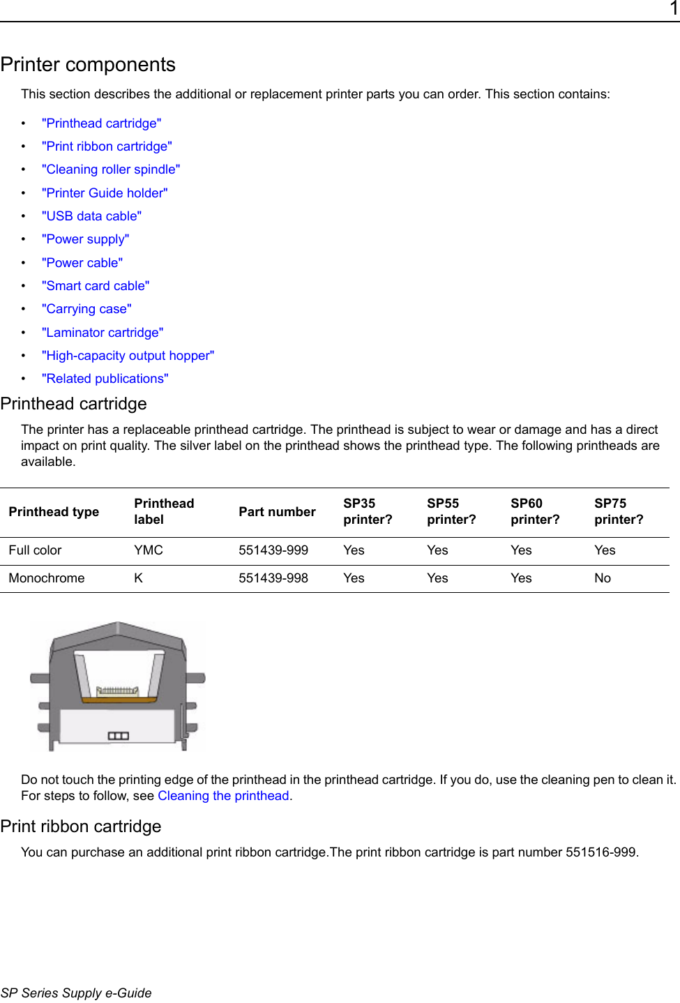 1SP Series Supply e-GuidePrinter componentsThis section describes the additional or replacement printer parts you can order. This section contains:&bull;"Printhead cartridge"&bull;"Print ribbon cartridge"&bull;"Cleaning roller spindle"&bull;"Printer Guide holder"&bull;"USB data cable"&bull;"Power supply"&bull;"Power cable"&bull;"Smart card cable"&bull;"Carrying case"&bull;"Laminator cartridge"&bull;"High-capacity output hopper"&bull;"Related publications"Printhead cartridgeThe printer has a replaceable printhead cartridge. The printhead is subject to wear or damage and has a direct impact on print quality. The silver label on the printhead shows the printhead type. The following printheads are available. Do not touch the printing edge of the printhead in the printhead cartridge. If you do, use the cleaning pen to clean it. For steps to follow, see Cleaning the printhead.Print ribbon cartridgeYou can purchase an additional print ribbon cartridge.The print ribbon cartridge is part number 551516-999.Printhead type Printhead label Part number SP35 printer?SP55 printer?SP60 printer?SP75 printer?Full color YMC 551439-999 Yes Yes Yes YesMonochrome K 551439-998 Yes Yes Yes No