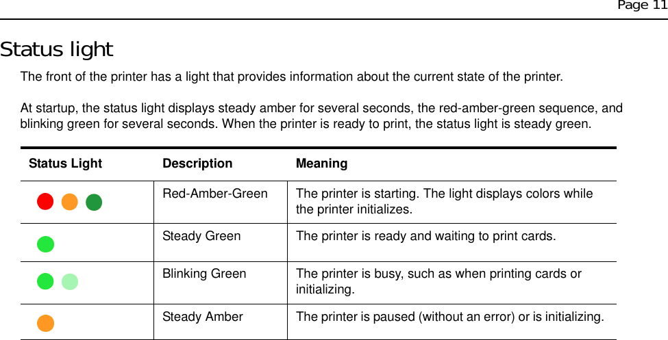 Page 11Status lightThe front of the printer has a light that provides information about the current state of the printer.At startup, the status light displays steady amber for several seconds, the red-amber-green sequence, and blinking green for several seconds. When the printer is ready to print, the status light is steady green. Status Light Description MeaningRed-Amber-Green The printer is starting. The light displays colors while the printer initializes.Steady Green The printer is ready and waiting to print cards. Blinking Green The printer is busy, such as when printing cards or initializing.Steady Amber The printer is paused (without an error) or is initializing. 