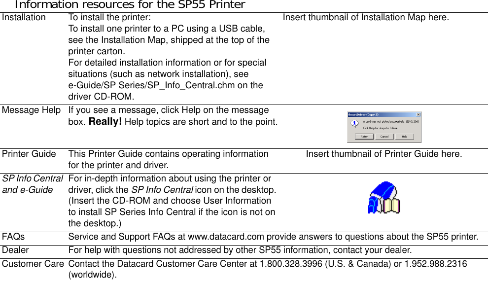 Information resources for the SP55 Printer Installation To install the printer:To install one printer to a PC using a USB cable, see the Installation Map, shipped at the top of the printer carton.For detailed installation information or for special situations (such as network installation), see e-Guide/SP Series/SP_Info_Central.chm on the driver CD-ROM.Insert thumbnail of Installation Map here.Message Help If you see a message, click Help on the message box. Really! Help topics are short and to the point.Printer Guide This Printer Guide contains operating information for the printer and driver.  Insert thumbnail of Printer Guide here.SP Info Central and e-Guide For in-depth information about using the printer or driver, click the SP Info Central icon on the desktop. (Insert the CD-ROM and choose User Information to install SP Series Info Central if the icon is not on the desktop.)FAQsService and Support FAQs at www.datacard.com provide answers to questions about the SP55 printer.DealerFor help with questions not addressed by other SP55 information, contact your dealer.Customer CareContact the Datacard Customer Care Center at 1.800.328.3996 (U.S. &amp; Canada) or 1.952.988.2316 (worldwide).