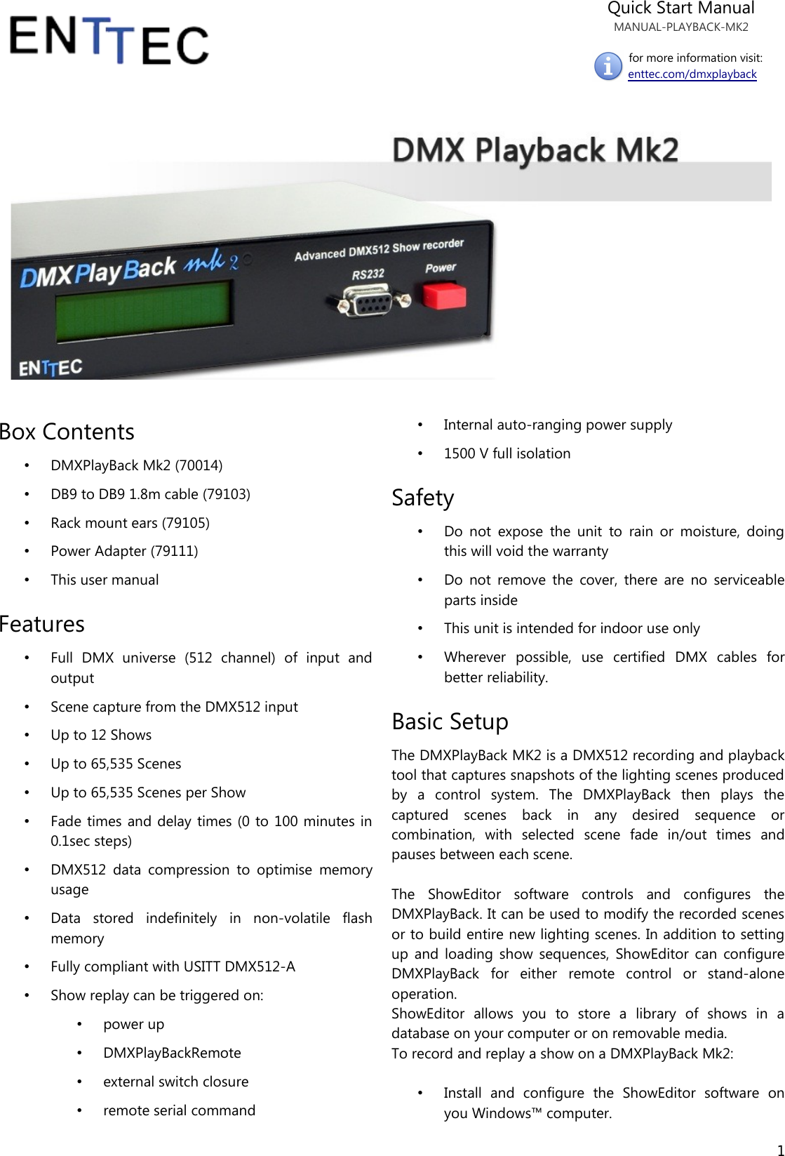 Page 1 of 9 - Enttec 70014 User Manual