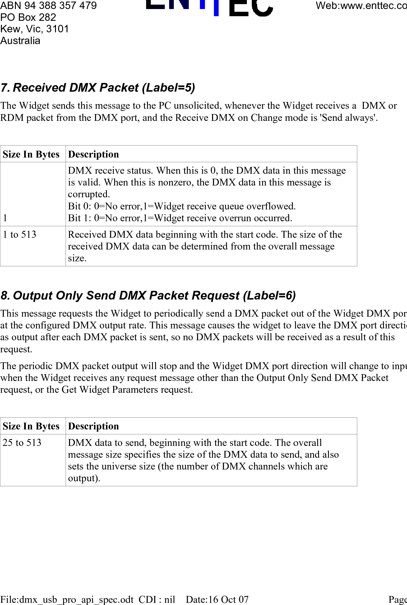 Page 5 of 9 - Enttec Dmx Usb Pro Api Spec User Manual