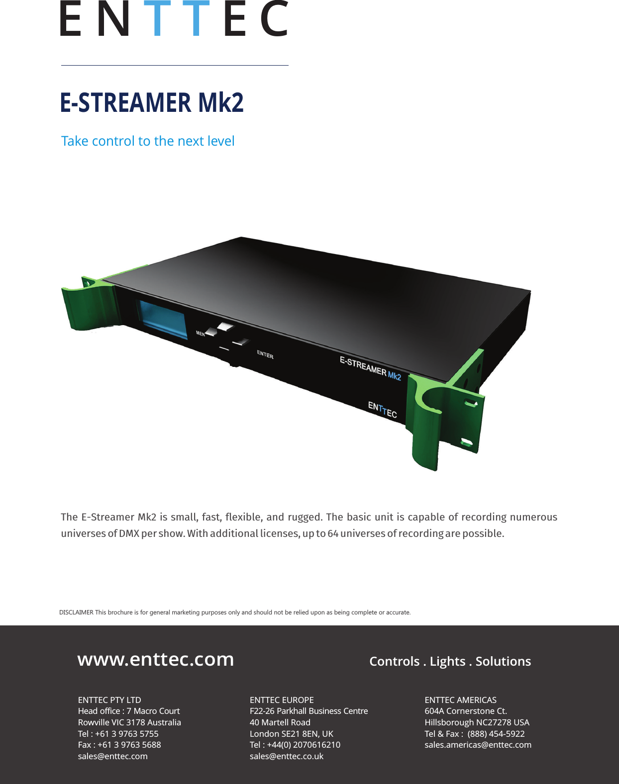 Page 1 of 2 - Enttec E-Streamer-Mk2-Brochure E-streamer MK2 New Brochure User Manual