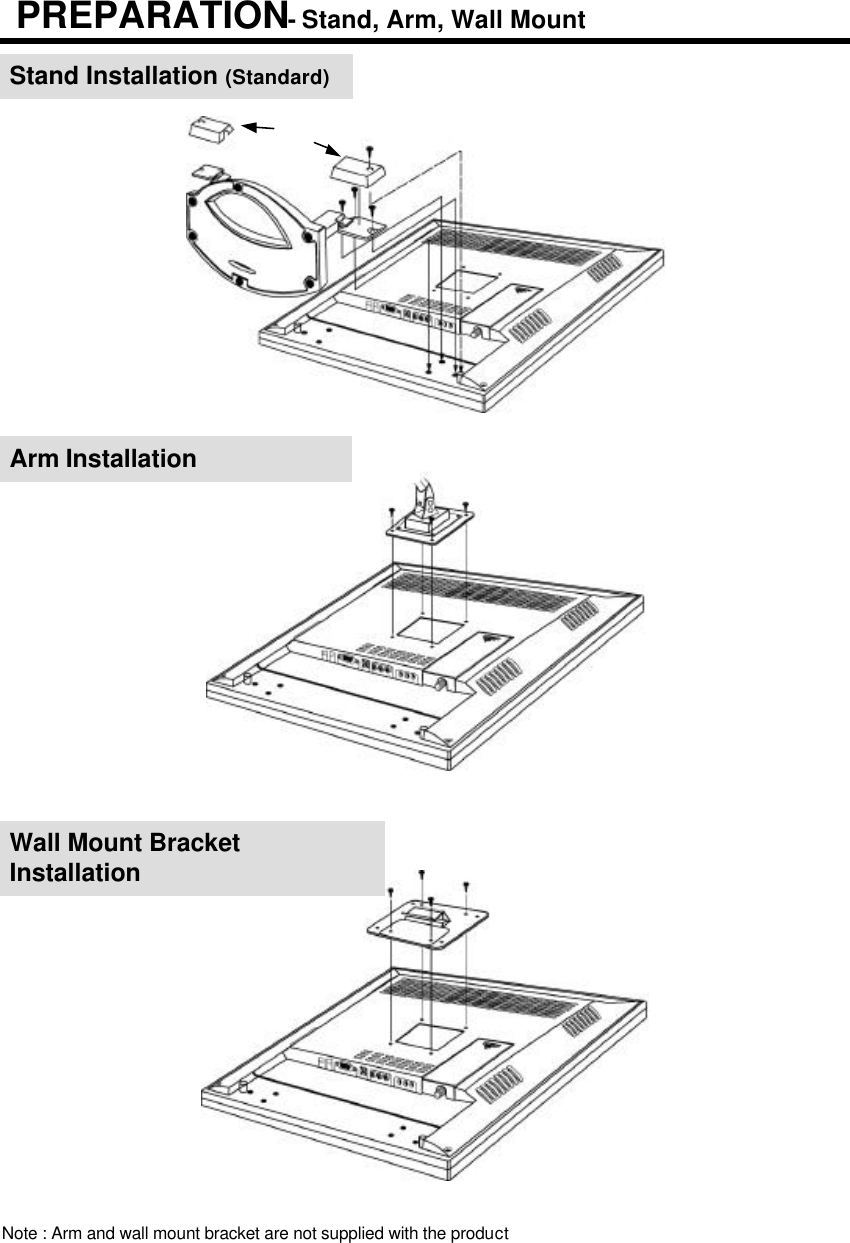 PREPARATION-Stand, Arm, Wall MountStand Installation (Standard)Arm InstallationWall Mount Bracket InstallationNote : Arm and wall mount bracket are not supplied with the product