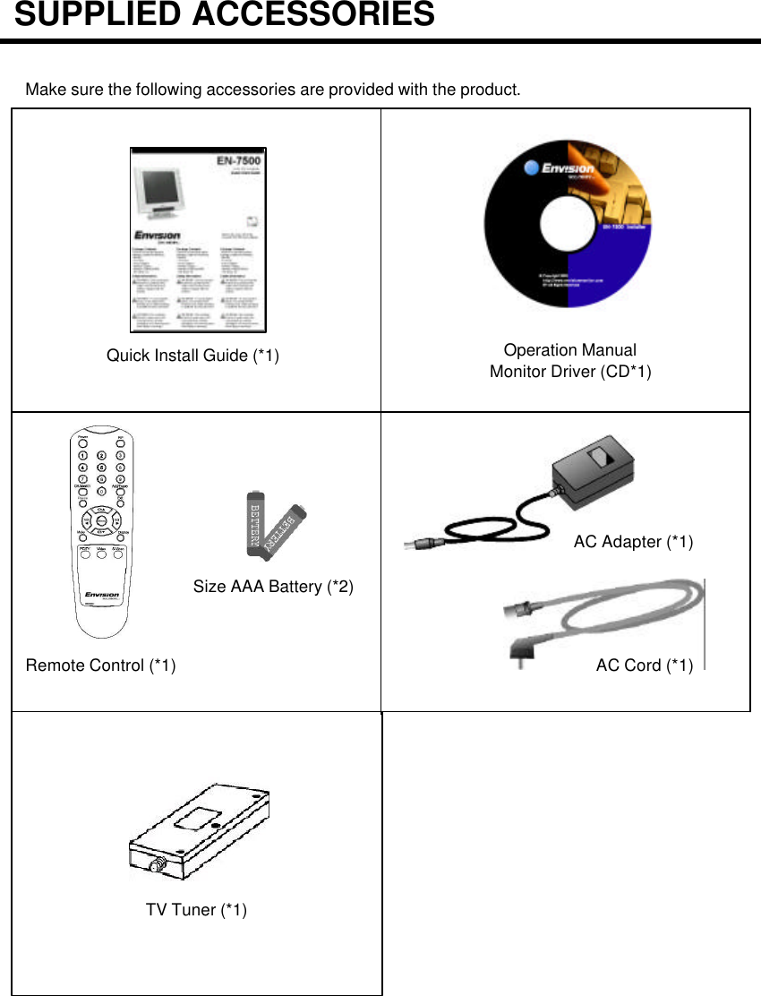 Make sure the following accessories are provided with the product. Quick Install Guide (*1) Operation ManualMonitor Driver (CD*1)Remote Control (*1)AC Adapter (*1)AC Cord (*1)Size AAA Battery (*2)SUPPLIED ACCESSORIESTV Tuner (*1)