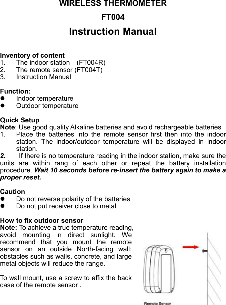 Eonword Technology Electronics FT004T Wireless Thermometer User Manual
