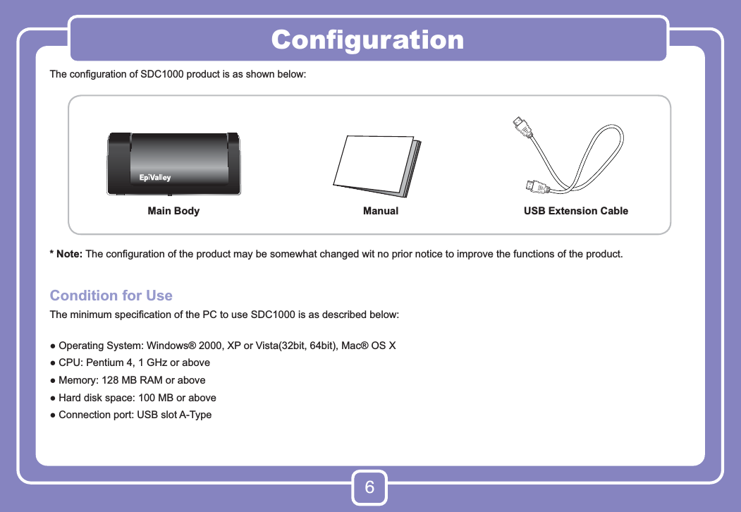 6The conﬁguration of SDC1000 product is as shown below:*  Note: The conﬁguration of the product may be somewhat changed wit no prior notice to improve the functions of the product.Condition for UseThe minimum speciﬁcation of the PC to use SDC1000 is as described below:●  Operating System: Windows® 2000, XP or Vista(32bit, 64bit), Mac® OS X●  CPU: Pentium 4, 1 GHz or above●  Memory: 128 MB RAM or above●  Hard disk space: 100 MB or above●  Connection port: USB slot A-TypeConﬁgurationMain Body Manual USB Extension Cable